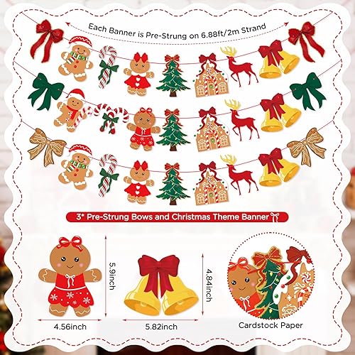 Miniatura 2 de 3 unidades de pancarta de Navidad con lazo vintage, lazos verdes y rojos, árbol de Navidad, árbol de Navidad, hombre de jengibre, guirnalda de