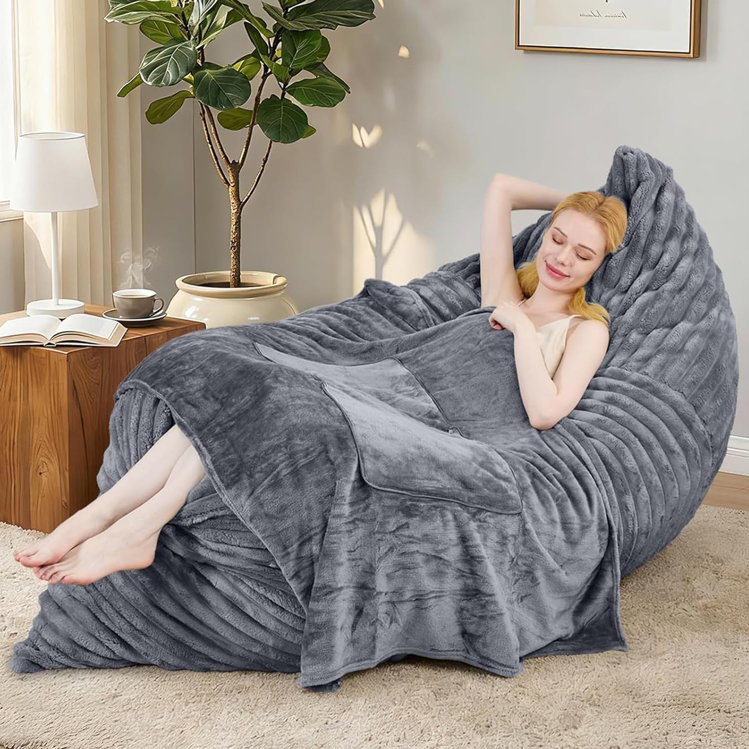 Bean Bag Chair for Adults, 3-in-1 Convertible Giant Bean Bag Memory Foam Beanbag Lazy Sofa & Bed Lounge Couch with Machine-Washable Soft Flannel Cover for Bedroom Living Room, Dark Grey(55"x 76"x 20")