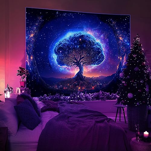 Miniatura 9 de Avinyl Tapiz de árbol de luz negra y espacio para dormitorio, 60 x 79 pulgadas, tapiz grande de árbol de la vida con luz negra para niña, decoración