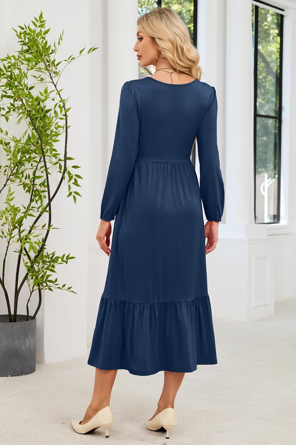 OUGES Women's Fall Cotton Blend Maternity Casual Dress Crew Neck Flowy Midi Pregnancy Dresses with Pockets 2025