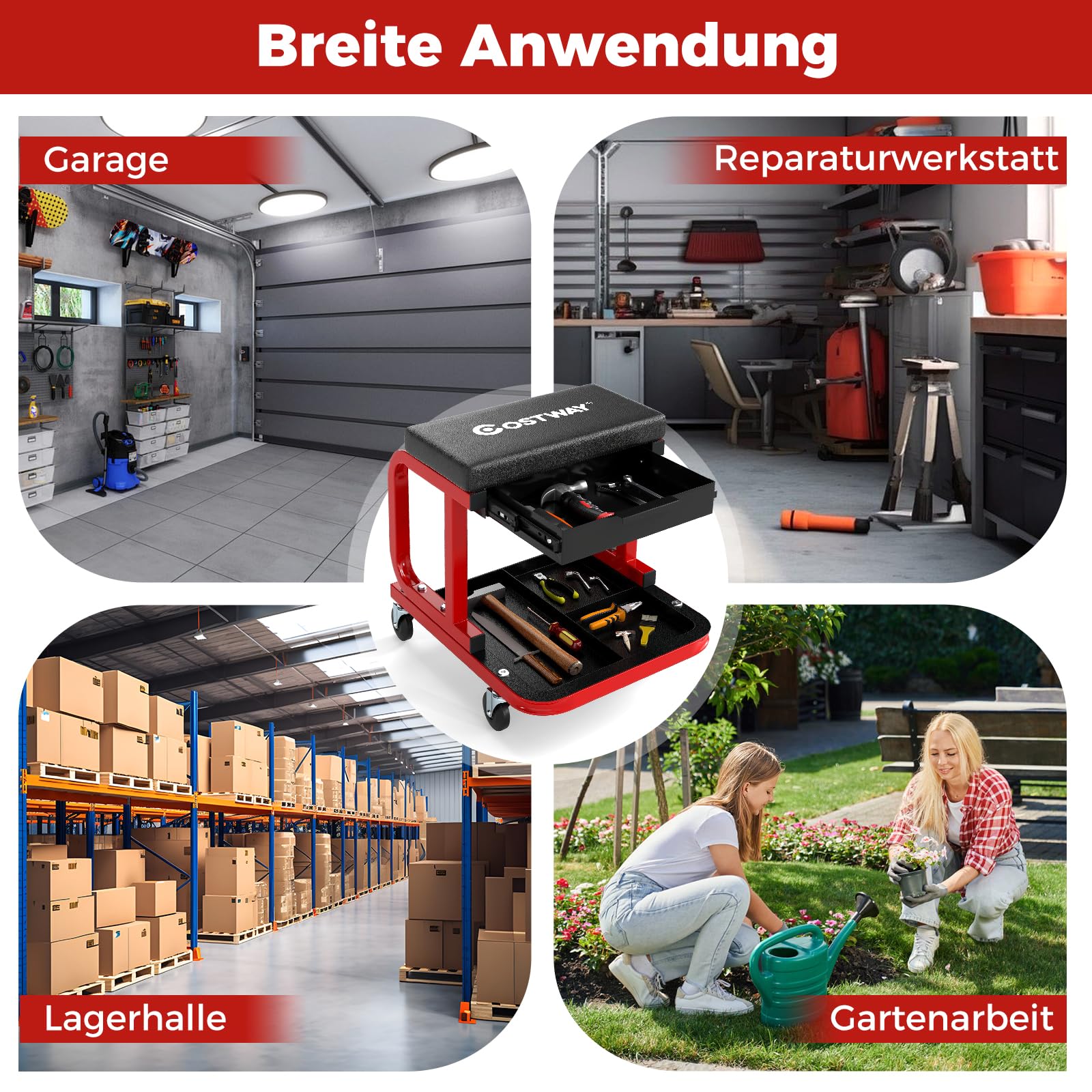 COSTWAY Werkstatthocker mit Rollen, Rollhocker bis 185 kg belastbar, Werkstatt Rollsitz mit Schublade & Ablage, Werkstattstuhl Montagehocker für Werkstatt & Garage (Schwarz)