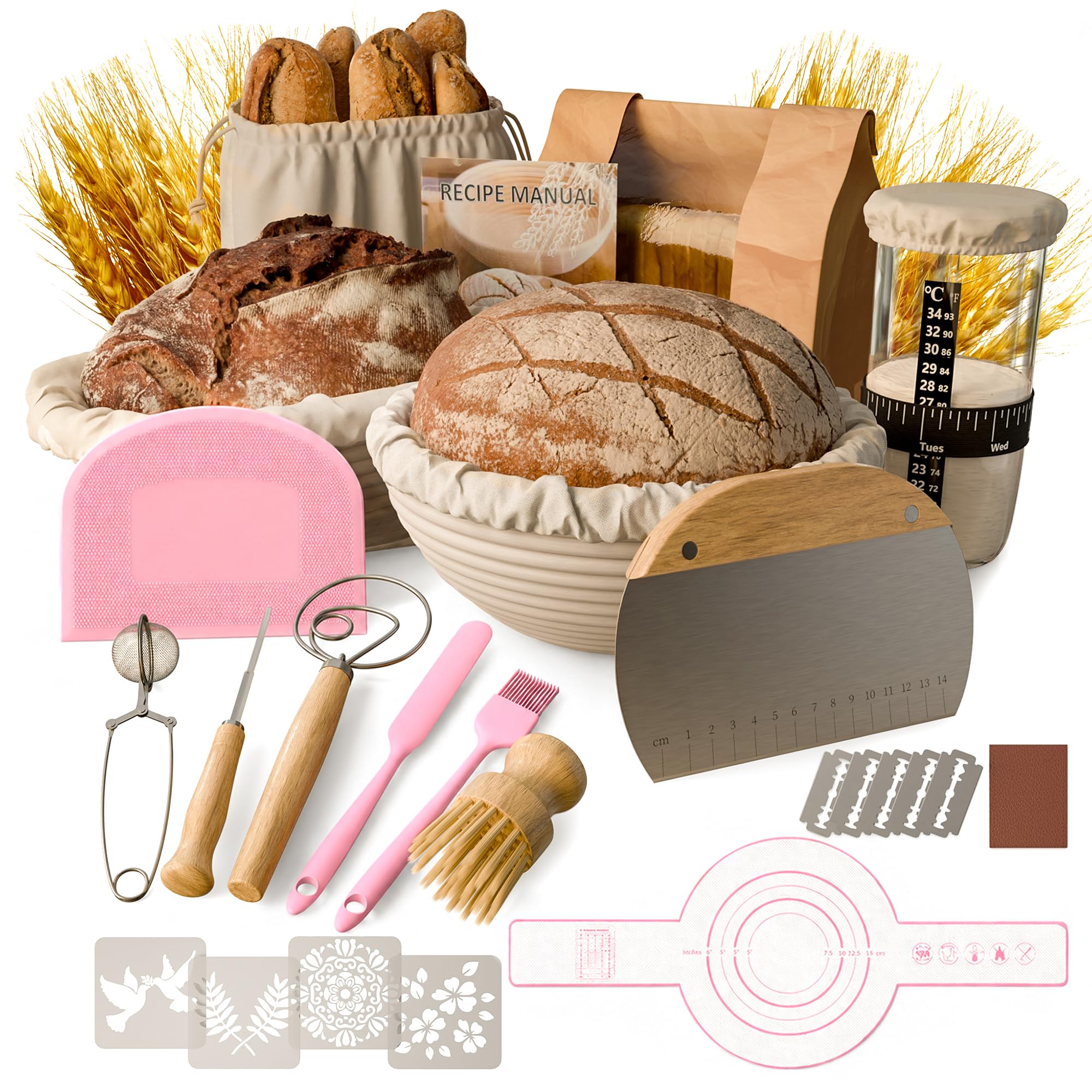 Brot Gärkorb Sauerteig Starter Set,25 cm & 23 cm Proofing Basket Bread Baking with Sourdough Starter Glass, Bread Baking Starter Set Large Gift for Beginners, Bakers (Pink)