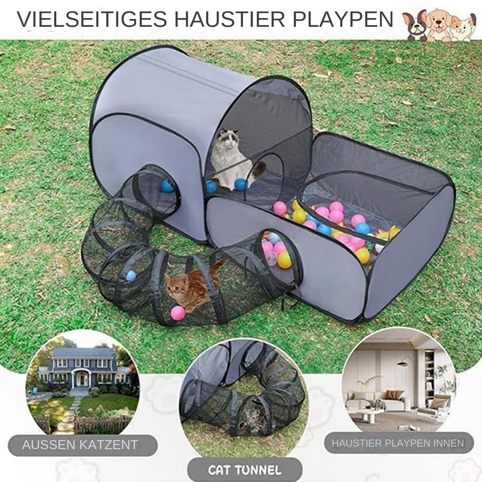 Katzen Spielgehege, Faltbarer Katzenlaufstall Mit Tunnel, Outdoor Katzenauslauf Mit Atmungsaktivem Mesh, Für Kleintiere Zuhause, Camping & Reisen