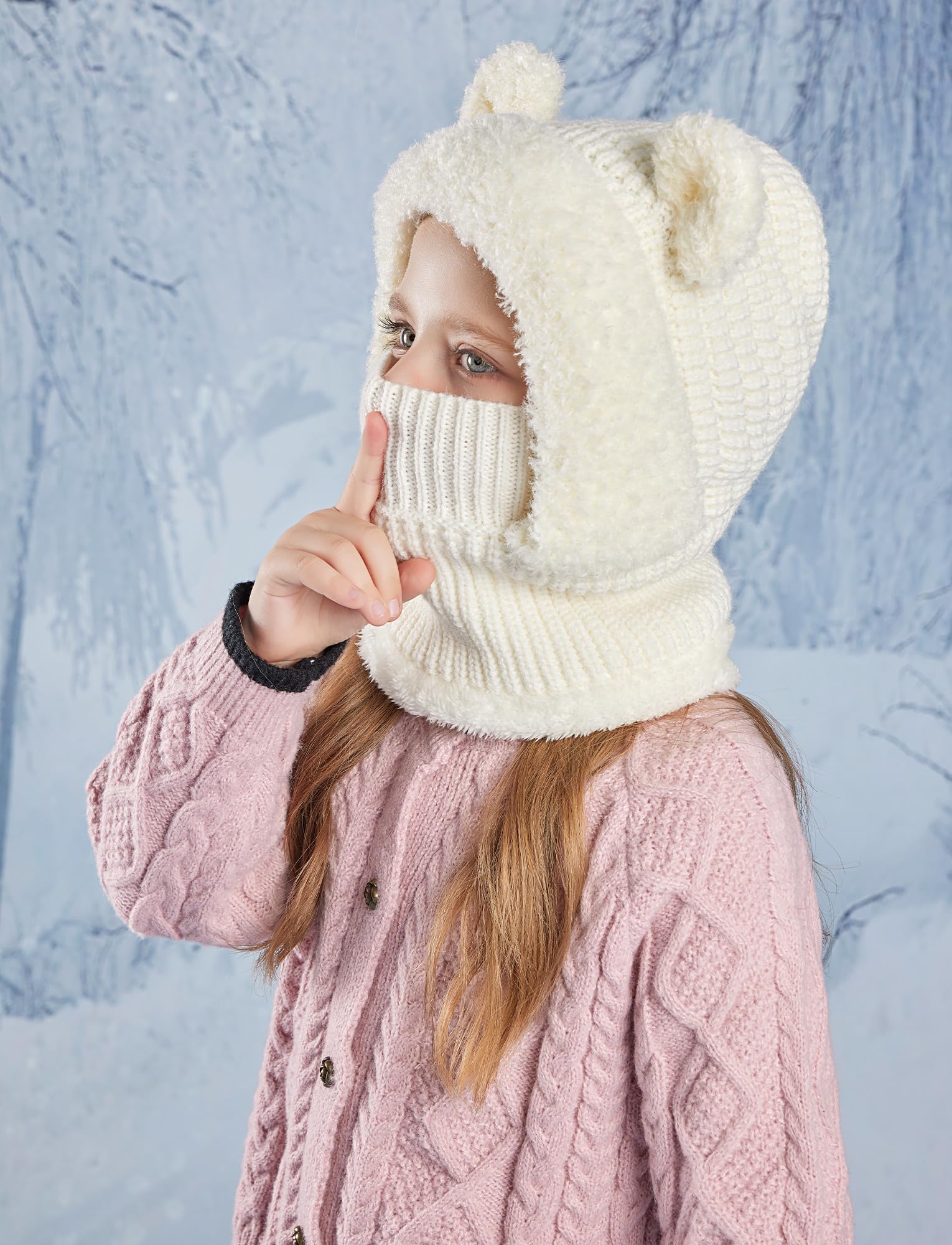 Maeau Berretto invernale per bambini e bambine, 4-10 anni, berretto invernale lavorato a maglia, in pile con 2 pompon 2 in 1, passamontagna e sciarpa ad anello, berretto a maglia