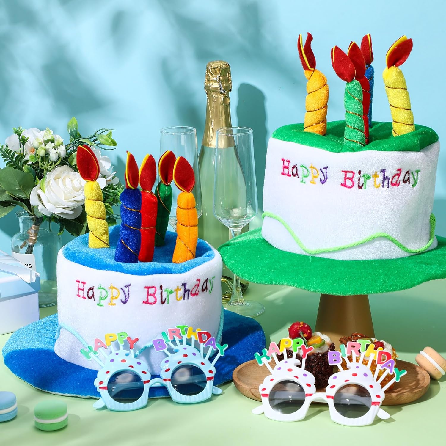 Coume 2 Plush Birthday Hats for Adults, 2 Sweet Cream Glasses, Party Novelty Decorations Happy Birthday Hats - Image 3