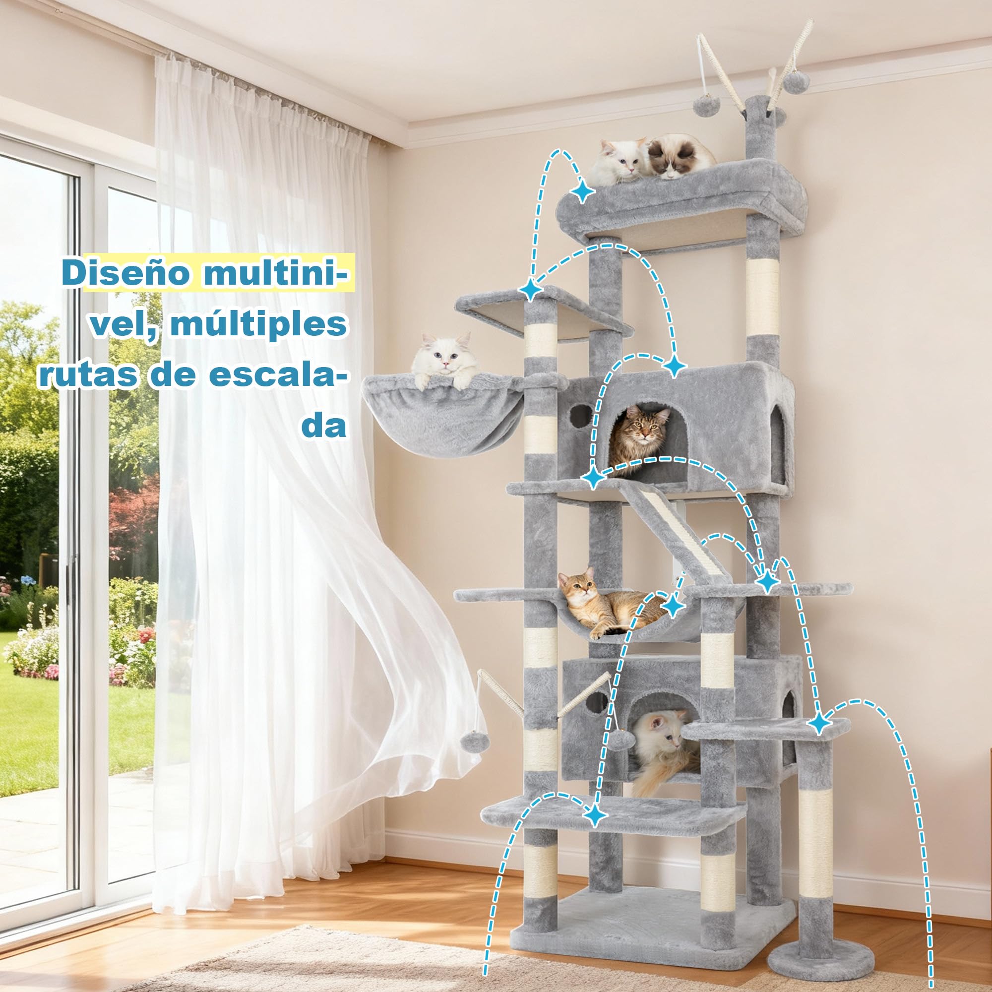 Hey-brother 210 cm Árbol para Gatos, Rascador para Gatos Grande Apto para hogares con Varios Gatos, Equipado con 2 Cuevas Grandes, Hamaca, Cesta y Varita Juguete extraíble, Gris Claro EMPJ082W