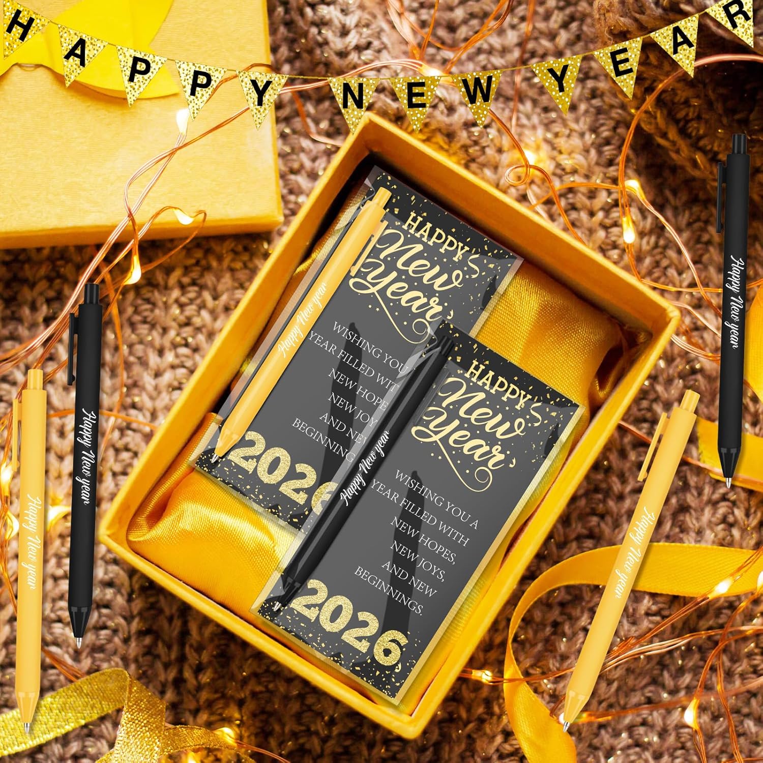 Demonwer 60 Sets Happy New Year Gifts Bulk 2026 Inspirational Ballpoint Pen with Blessing Cards New Year Pen Gifts for Coworkers Friends Family Party Favor