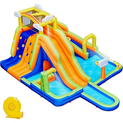Yaheetech Inflatable Water Slide Combo, 10-in-1 Rainbow & Clouds Style with 2 Pools, Large Climbing Wall & Tunnel, Double Lane Slide for Kids Aged 3-10, Includes Storage Bag & 650W Blower