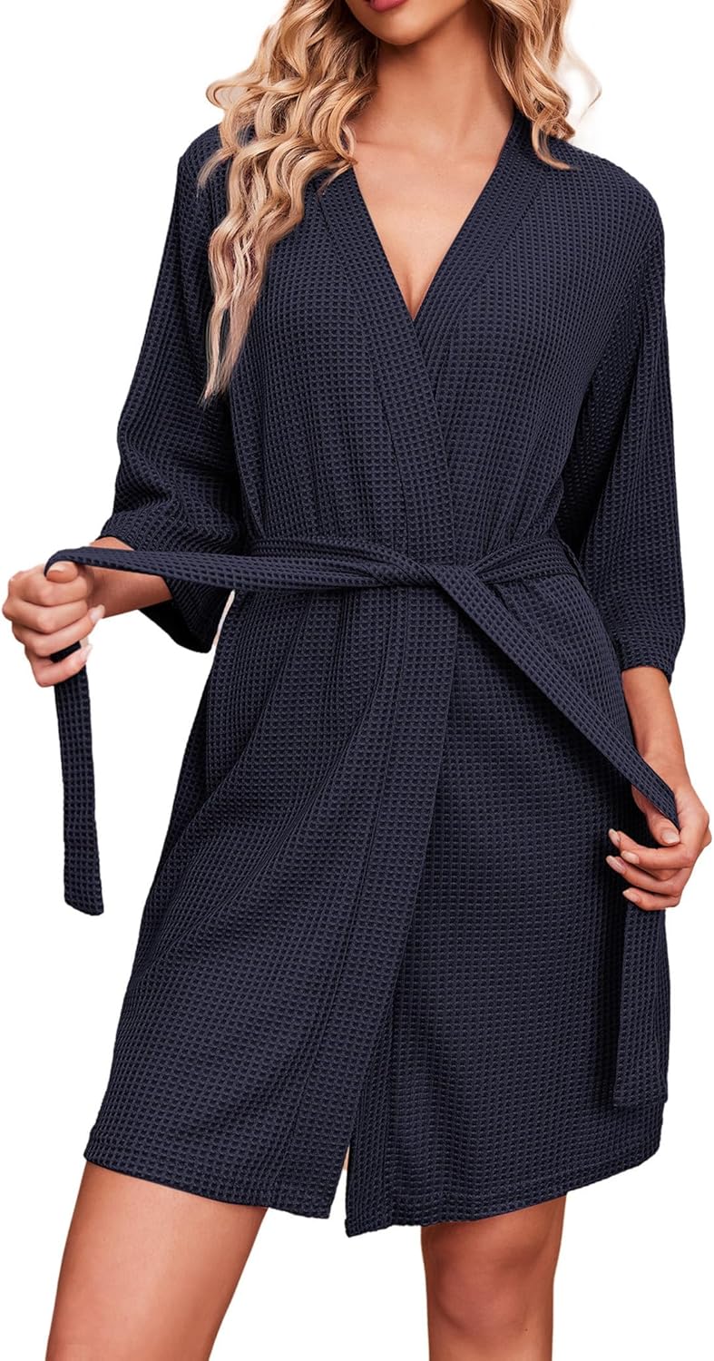 Ekouaer Robes for Women Waffle Knit Bathrobe Soft Lightweight Knee Length Loungewear S-XXL