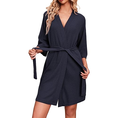 Ekouaer Robes for Women Waffle Knit Bathrobe Soft Lightweight Knee Length Loungewear S-XXL