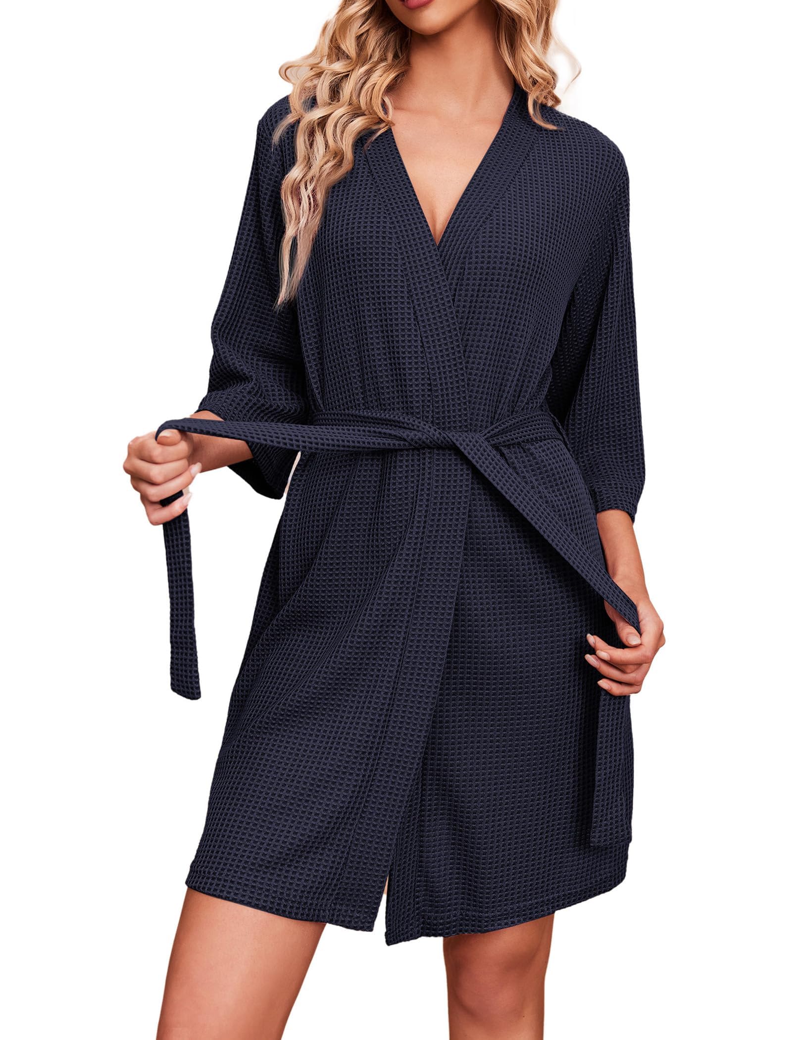 Ekouaer Robes for Women Waffle Knit Bathrobe Soft Lightweight Knee Length Loungewear S-XXL