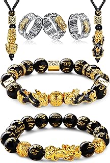 7 Pieces Feng Shui Bracelet Necklace Ring Set for Women Men Feng Shui Pi Xiu Mantra Ring Good Luck Black Obsidian Bracelet Adjustable Feng Shui Wealth Necklaces Jewelry