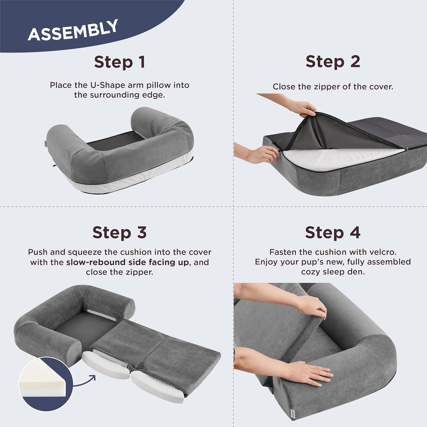 Lesure 2 in 1 Memory Foam Dog Bed for Medium Dogs, Orthopedic Dog Bed Washable with Expandable Cushion and Durable Waterproof Liner Dog Lounge Pet Sofa, Grey : Pet Supplies