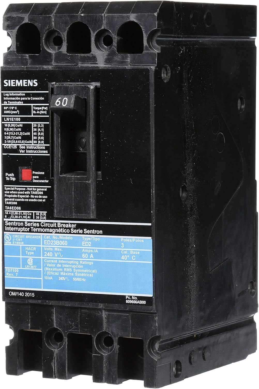 Siemens ED23B060 Circuit Breaker, Type ED2, 60 Amp, 3 Pole