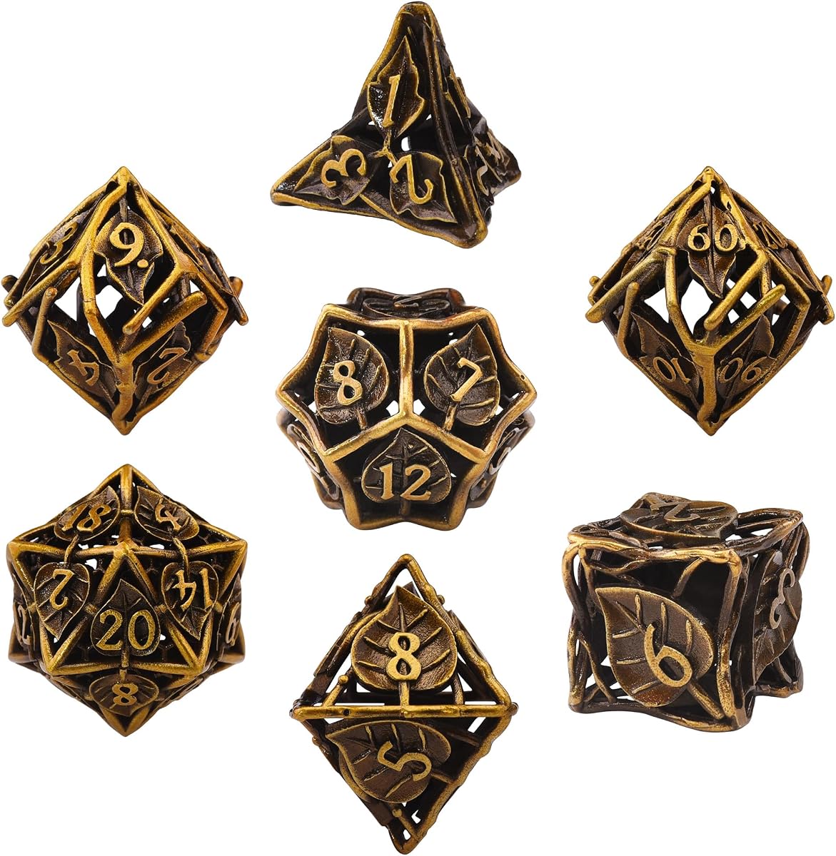 AUSTOR Metal DND Dice Set 7 Pcs Leaf DND Dice Hollow Polyhedral Metal Dice | D20 D12 D10 D% D8 D6 D4, with Metal Box, for Dungeons & Dragons RPG Board Games