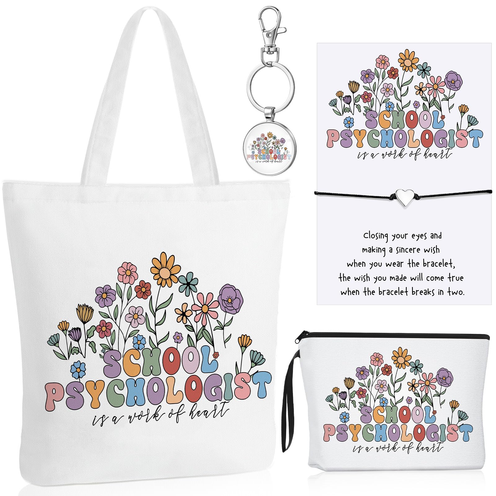 Sweetude 4 Pcs School Psychologist Gift Sets Includes Canvas Tote Bag, Heart Bracelet with Wish Card, Makeup Bag and Keychain Psychology Therapist Appreciation Gifts for Women Teachers Educators
