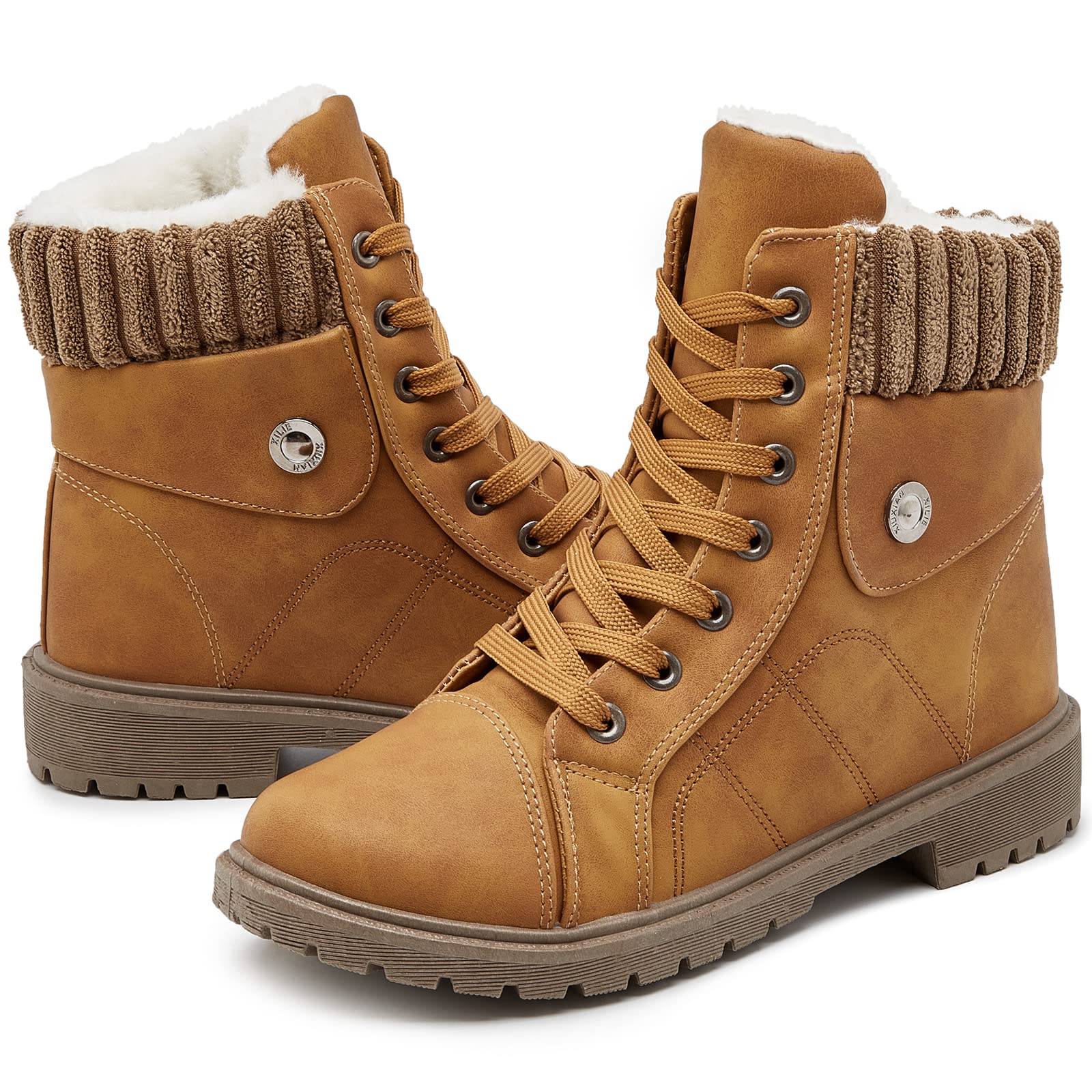 Waluzs Womens White Black Ankle Combat Boots - Fuzzy Lace Up Snow Boots For Winter