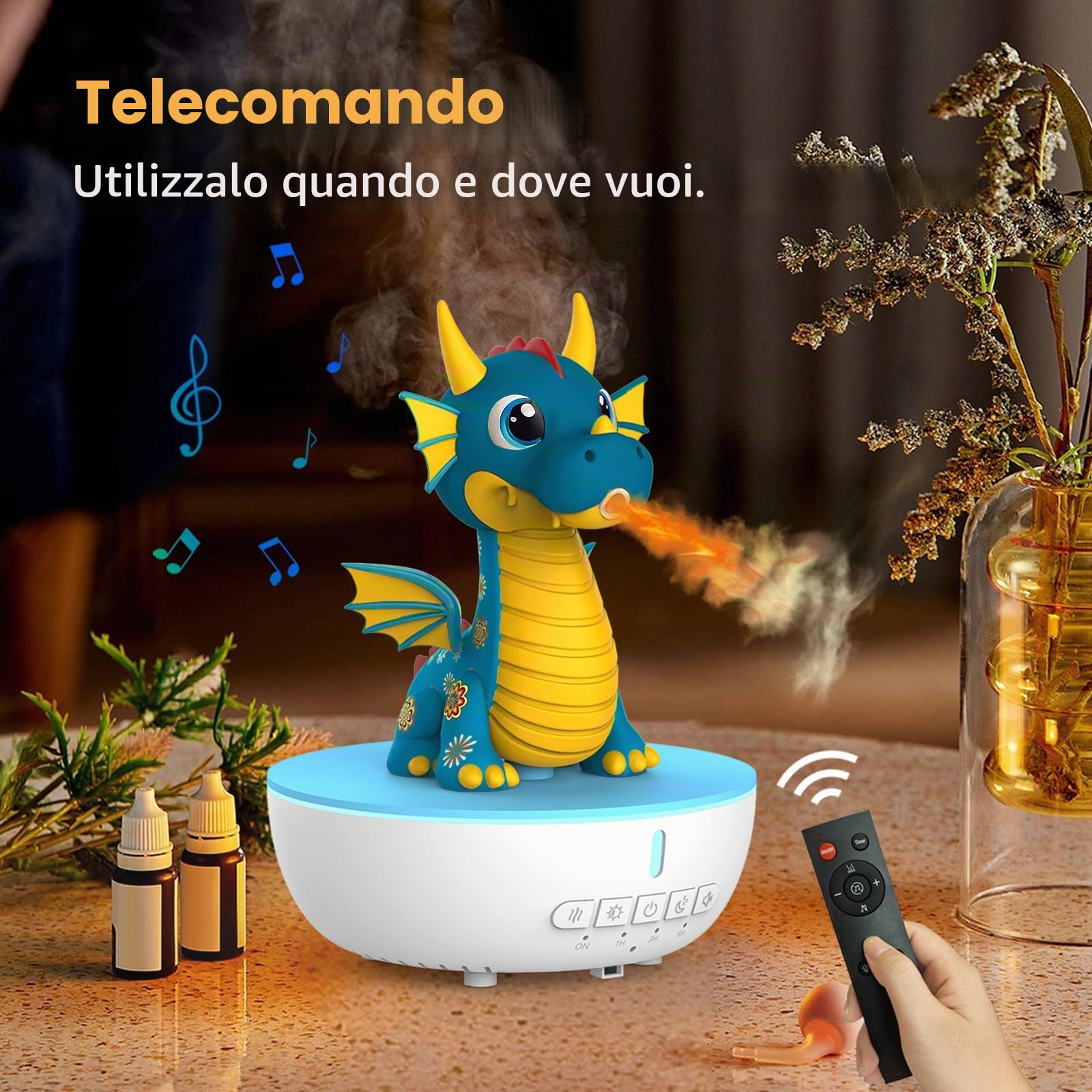 Diffusore Aromi con Suono Bianco, Umidificatore 200 ml con Telecomando e Timer 1/3/6h, Diffusore di Oli Essenziali per Camera da Letto,Drago Sputafuoco - Umidificatore Ambiente Bambini (Blu)