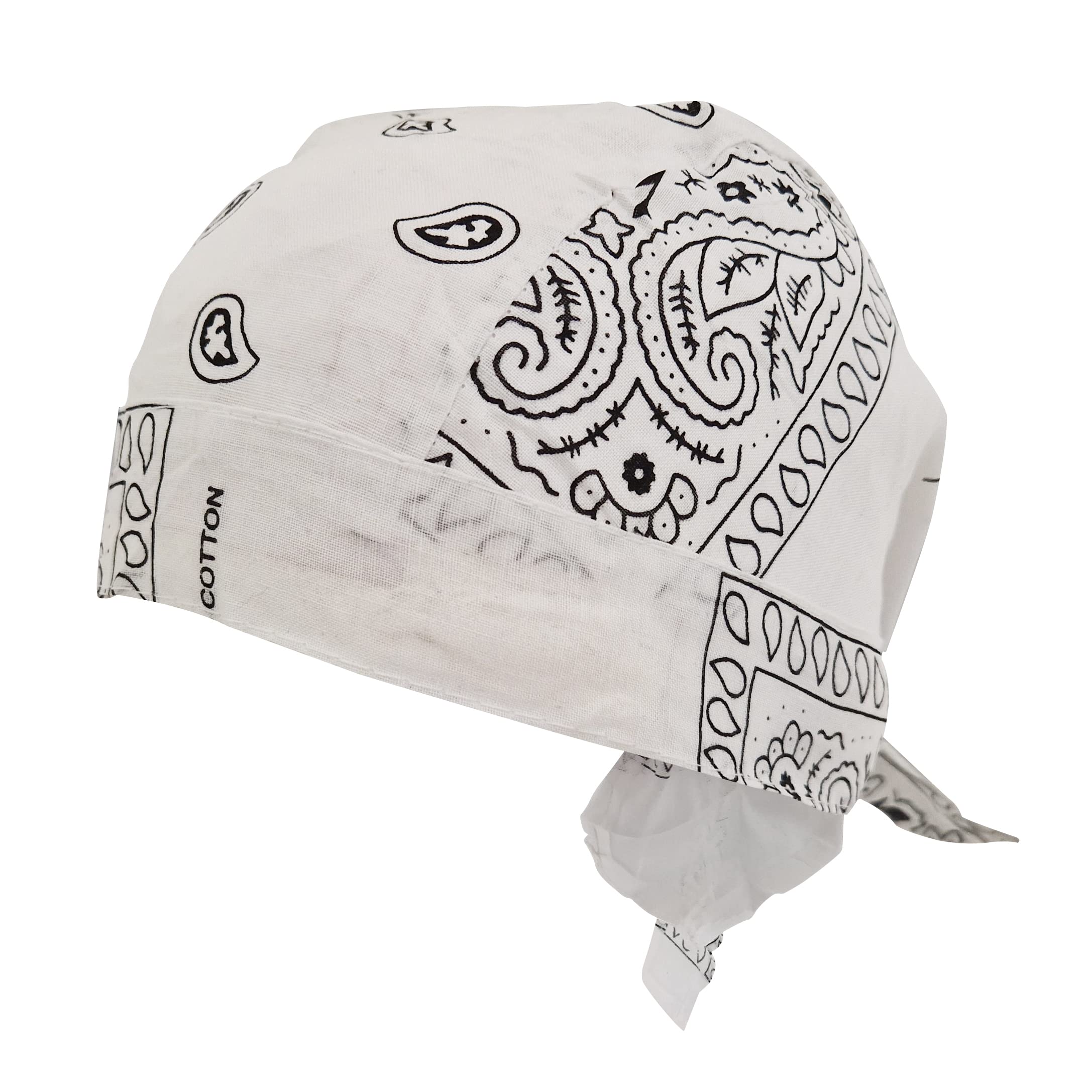Komonee Men's White Paisley Zandana Tie Bandana Style Fitted Skull Cap Biker Durag Cotton Breathable Sports Hat