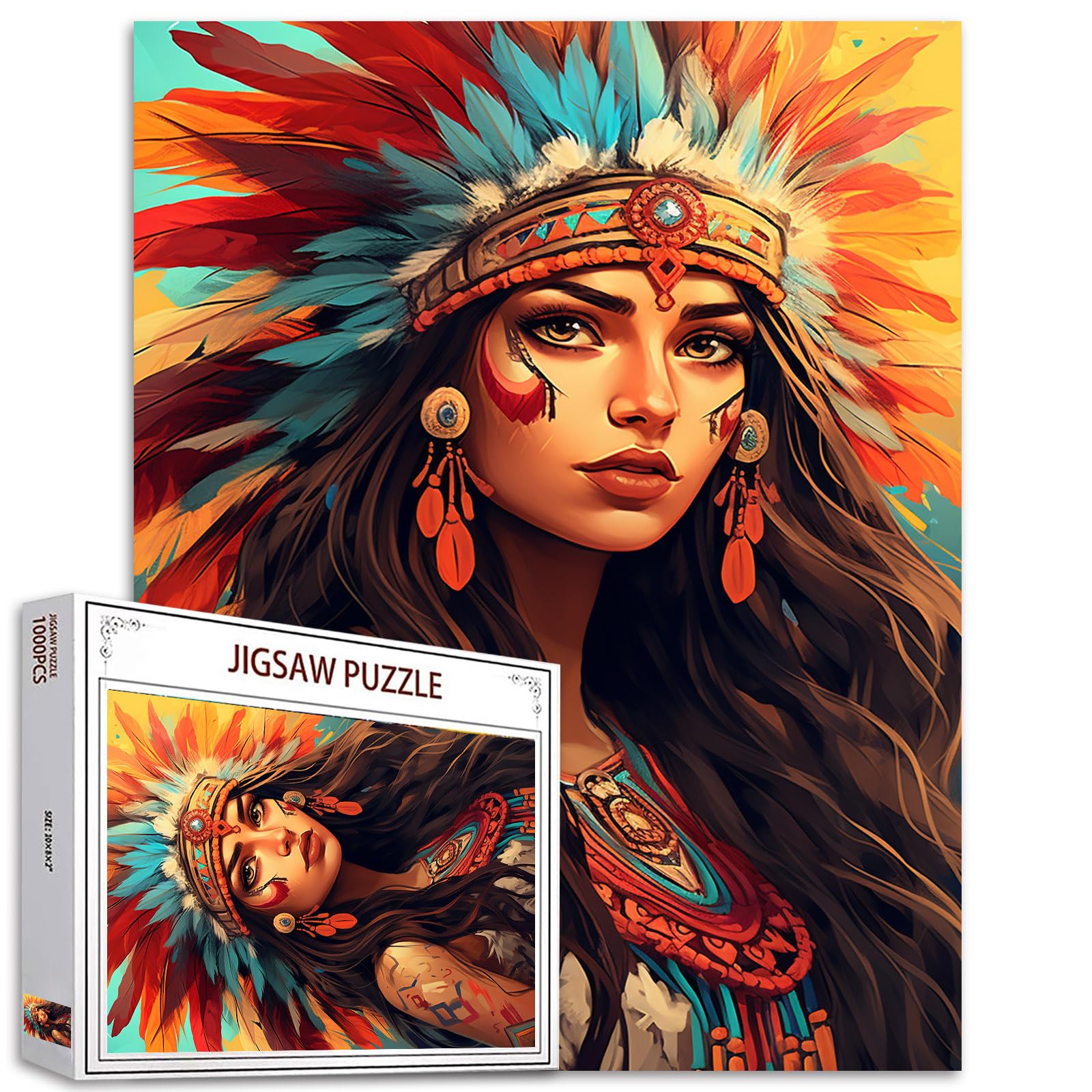 America Indian Woman Jigsaw Puzzles 1000 Pieces for Adults, Families (Sexy Girl,National Tradition,Feather) Pieces Fit Together Perfectly 19.7''x27.6''inch Black Female Frameable Magic Puzzle Art