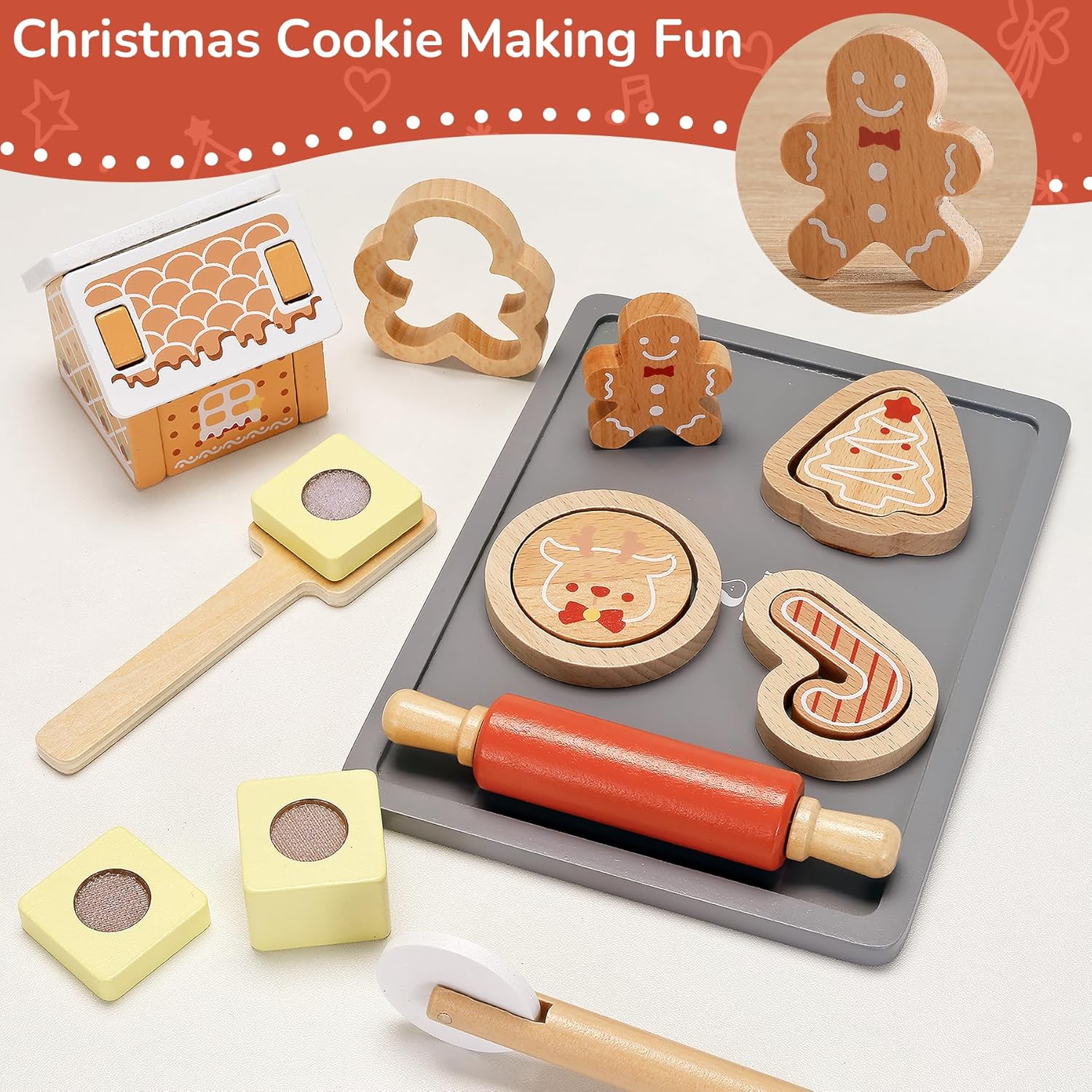 PairPear Gingerbread House Baking Playset – 29 Piece Wooden Christmas Cookie Baking Kit, 3D Toy Cookie Play Food & Pretend Kitchen Accessories, Educational Play Baking Toys Gift for Kids 3+ - Image 3