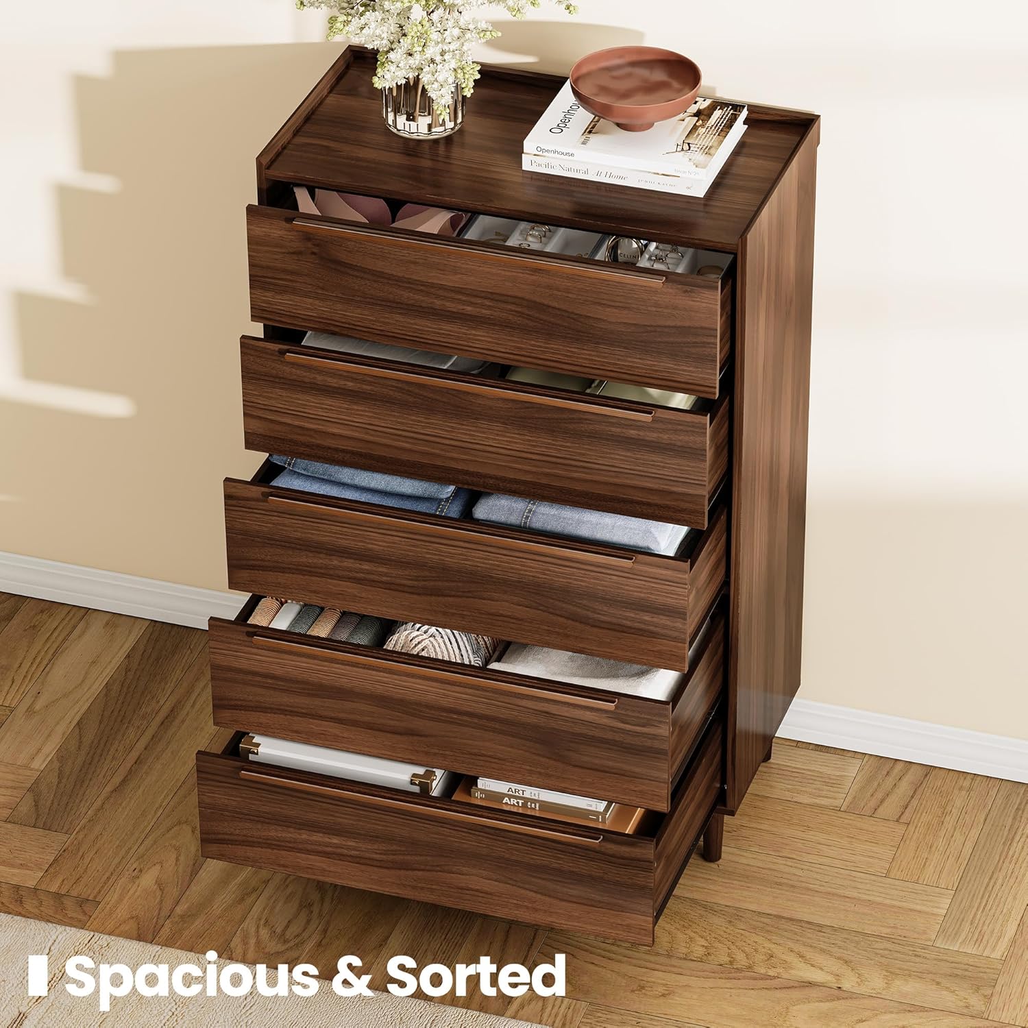 32" Wide Walnut 5 Drawer Dresser, 48" Tall Mid-Century Modern Chest of Drawers for Bedroom, Slim Vertical Wood Grain Storage Cabinet with Raised Edge & Anti-Tip Kit - Image 5