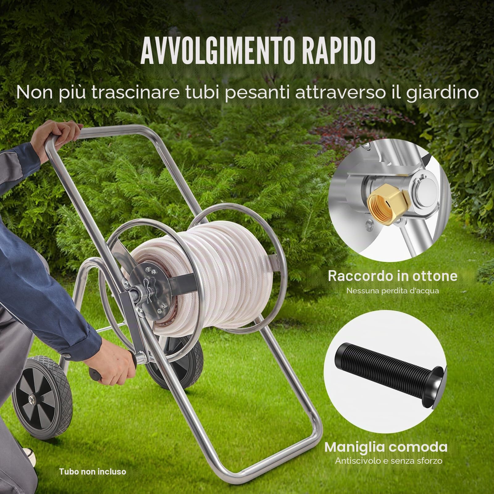 VEVOR Carrello avvolgitubo, può contenere fino a 175 piedi di tubo da 5/8" (tubo non incluso), carrelli per tubi dell'acqua da giardino, strumenti mobili con ruote, acciaio verniciato a polvere