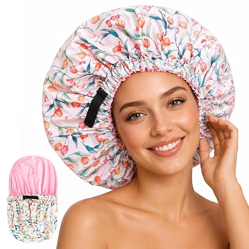 Aquior Extra Large Shower Cap for Women - Reusable Waterproof Double-Layer Reversible Shower Cap, 16 Inch Adjustable Jumbo Shower Cap for Braids Long Hair, Satin Lined Shower Cap for Women