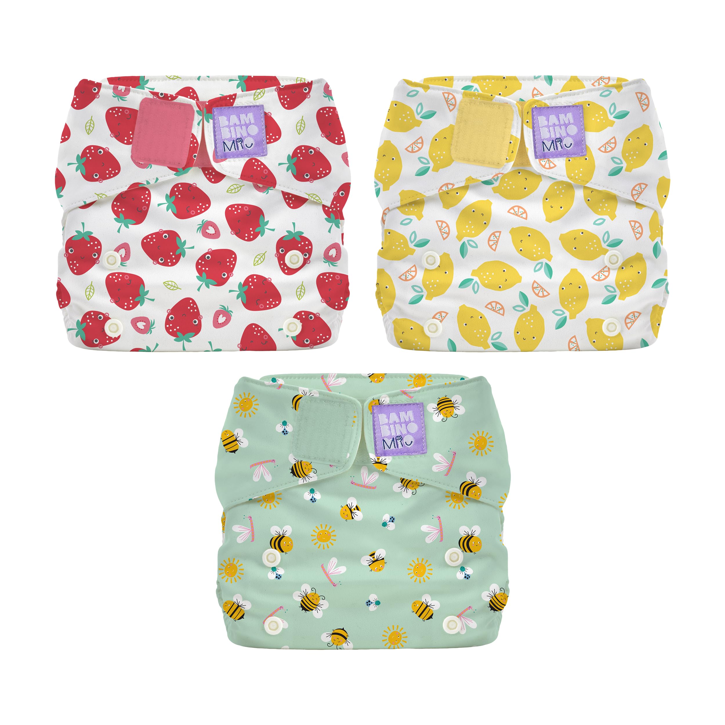 Bambino Mio Miosolo Classic Reusable Nappies 3 Pack (Bugs Life)– All-in-One Cloth Nappies, One Size Washable Nappy with Adjustable Poppers, Leak-Resistant & Absorbent, Reusable Baby Nappy (3–35 lbs)