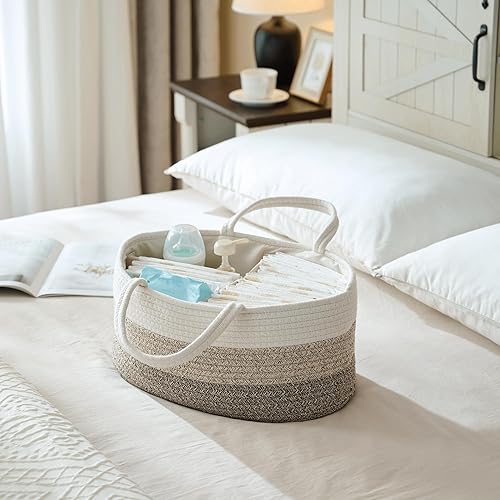 Miniatura 3 de Organizador de pañales para bebé, cesta de pañales de cuerda de algodón extragrande, organizador de cambiador, bolsa portátil con divisor,