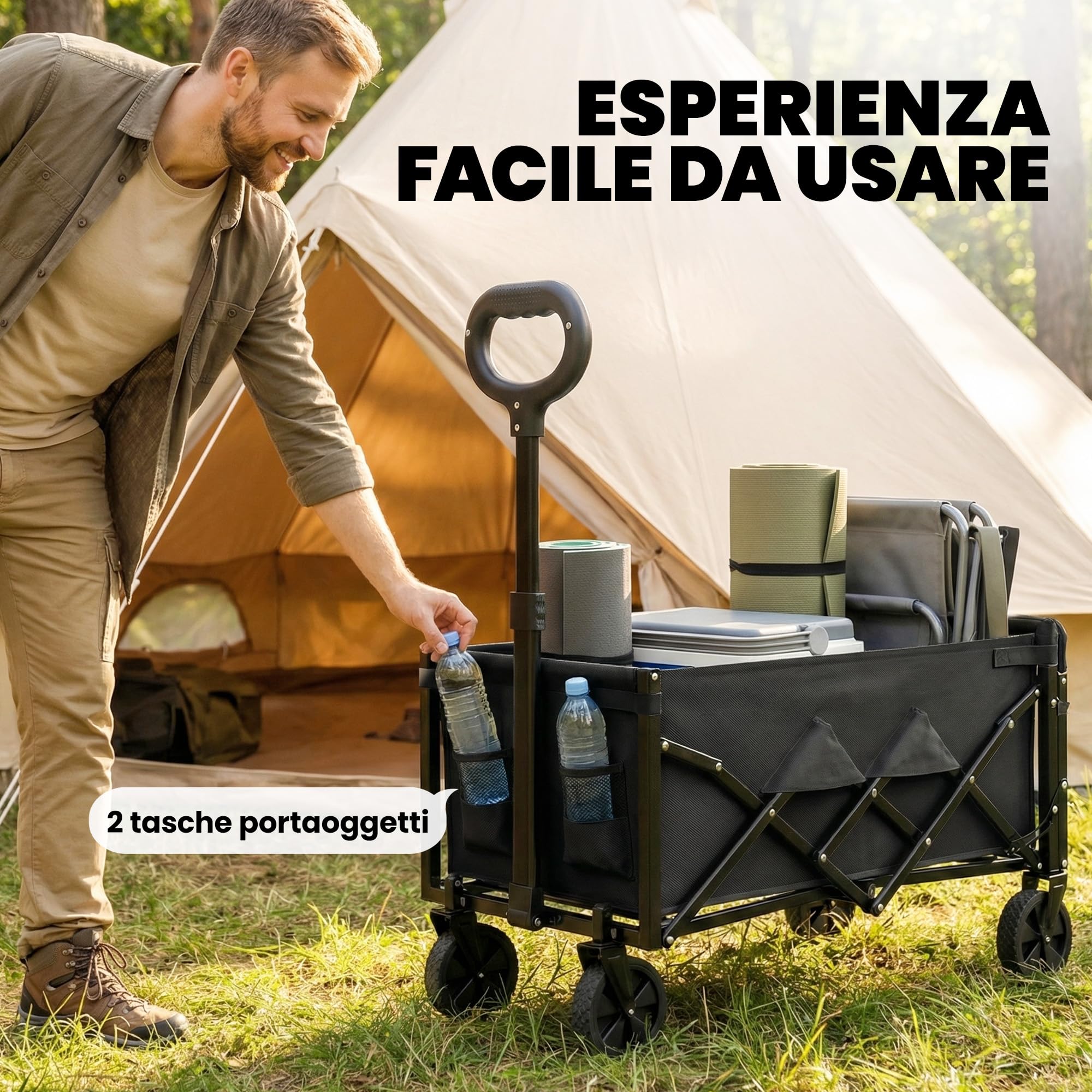Outsunny Carrello da Giardino Pieghevole 60L, Carrello da Campeggio Portatile con Porta Frontale Apribile, Manico Regolabile e Supporto per Bicchieri, Ideale per Picnic, Pesca e Giardino, Nero