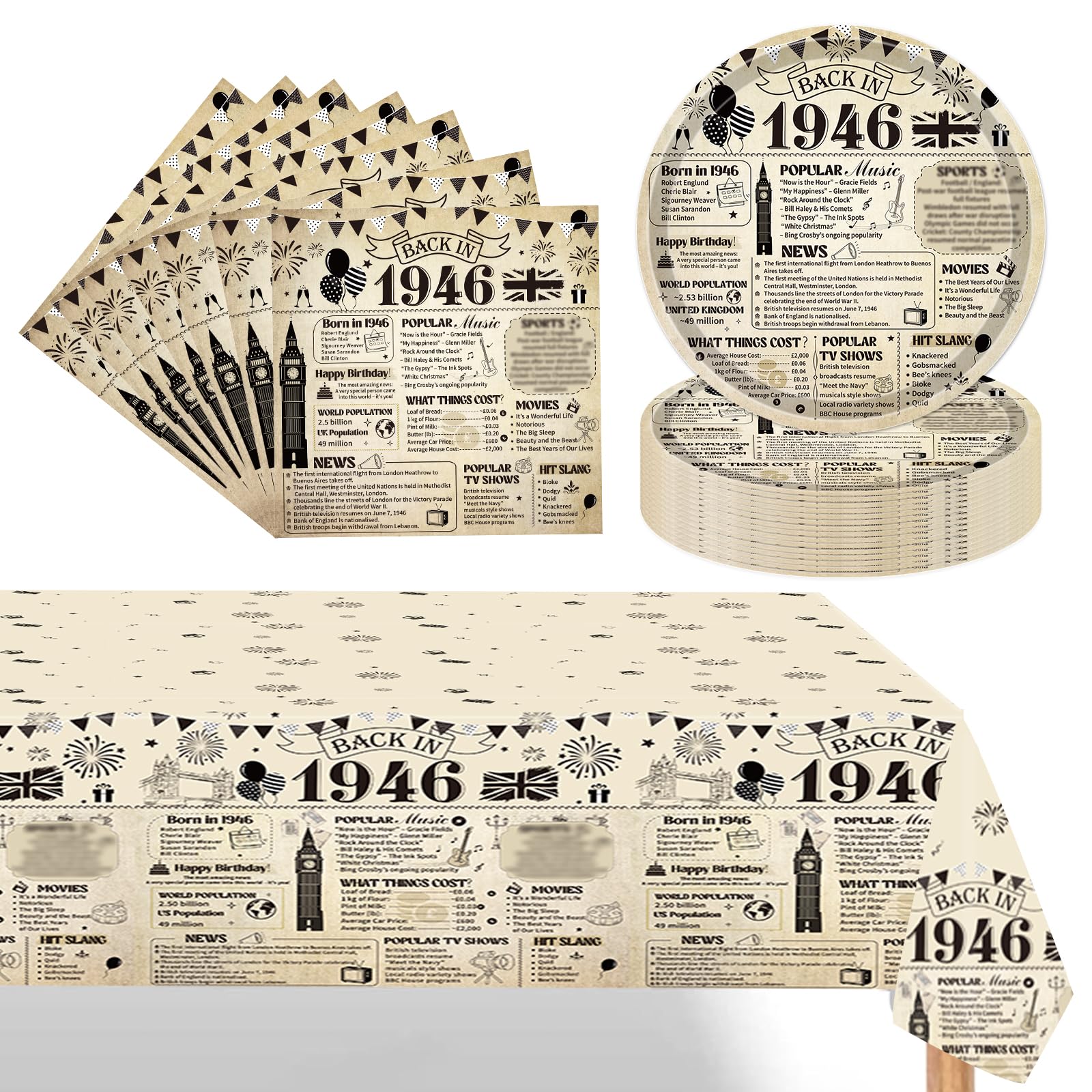 Eiapadeor 80th Birthday Decorations Tableware Set - 37 Pcs 80th Birthday Party Plates Napkins Table Cloth Vintage Back in 1946 Disposable Dinnerware Set for Women Men 80 Year Old Party Supplies