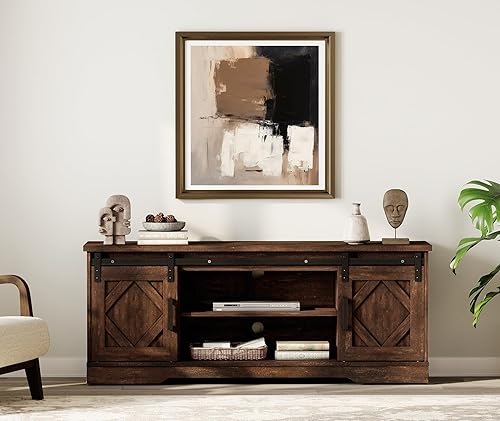 Miniatura 6 de WAMPAT Moderno soporte de TV de granja para TV de hasta 65 pulgadas con puerta corrediza de granero, centro de entretenimiento de madera de 23.6