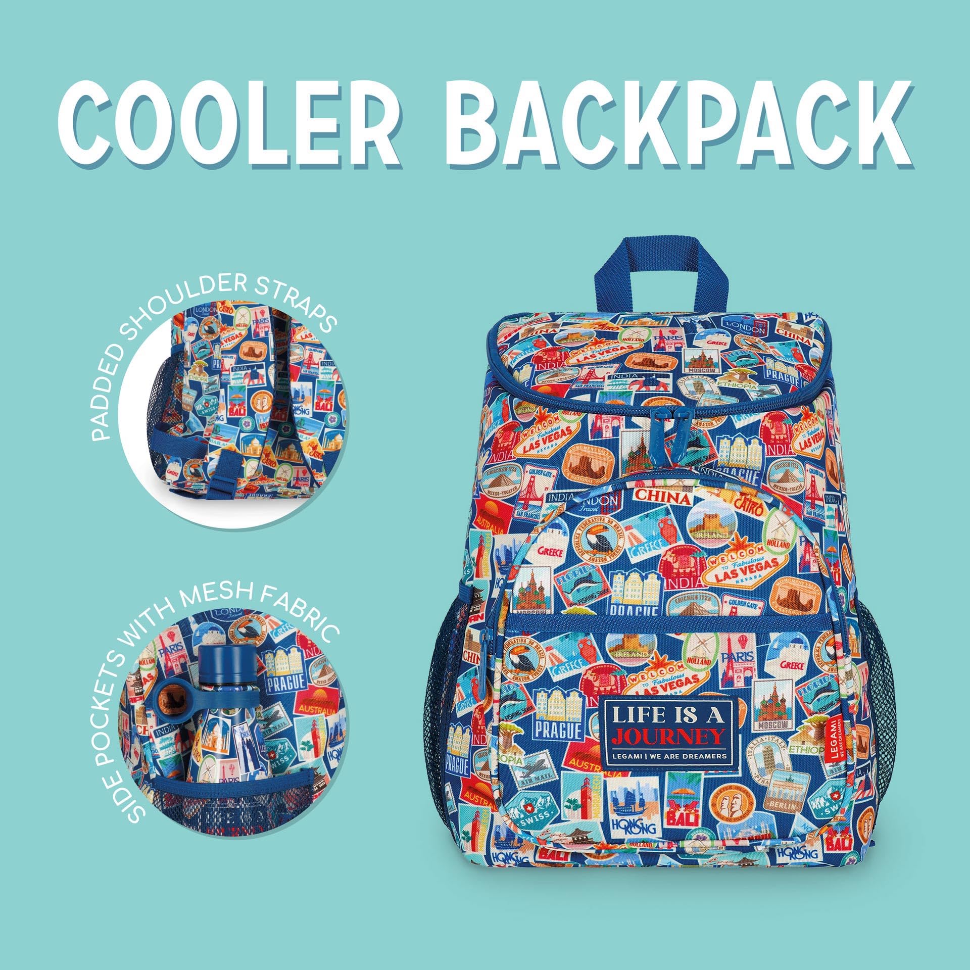 Legami - Thermorucksack Cooler Backpack, strapazierfähig, wärmeisolierend, tropfsicher, geräumig, Hauptfach, Mitteltasche, 2 Seitentaschen, 29 x 35 x 21 cm