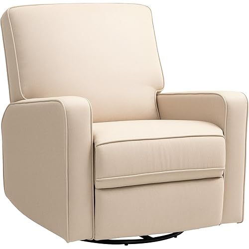 HOMCOM Manual Recliner Chair for Adults, Breathable Fabric Swivel Rocker Recliner with Thick Cushion and Footrest, Adjustable Single Sofa for Living Room, Beige