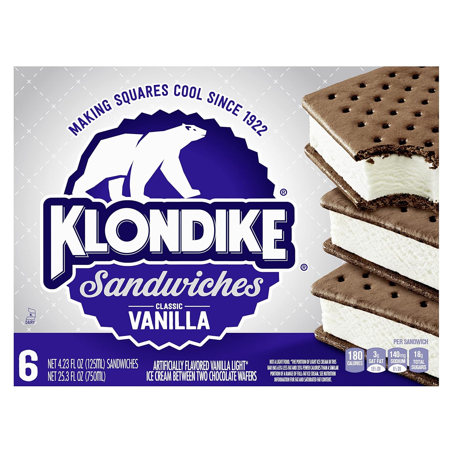 KLONDIKE Ice Cream Sandwiches, Classic Vanilla, 6 Count
