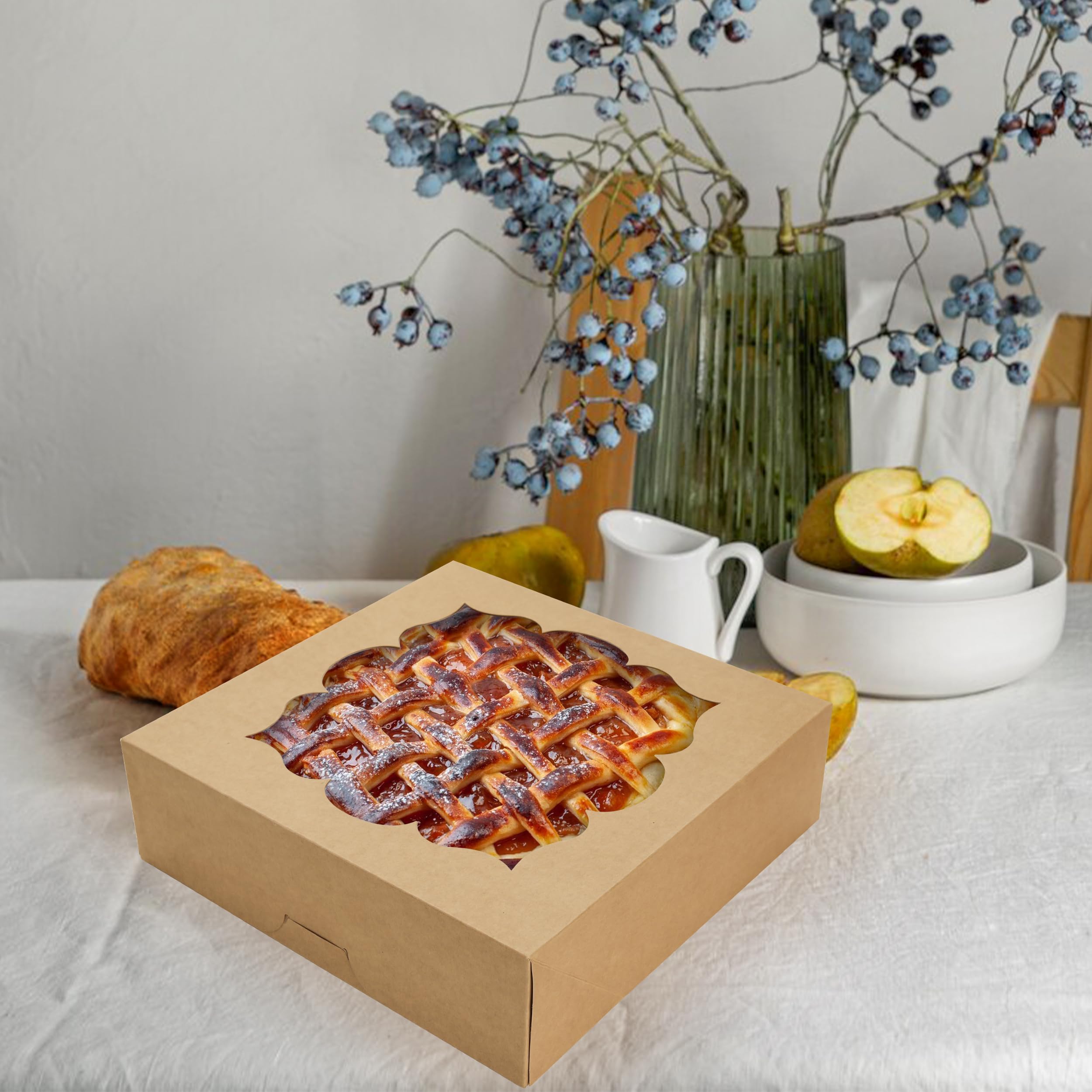 NPLUX Paquete de 20 cajas para pasteles de 10 x 10 x 3 pulgadas con cajas para pasteles de ventana, para tartas, tartas de queso y fresas de chocolate (marrón)