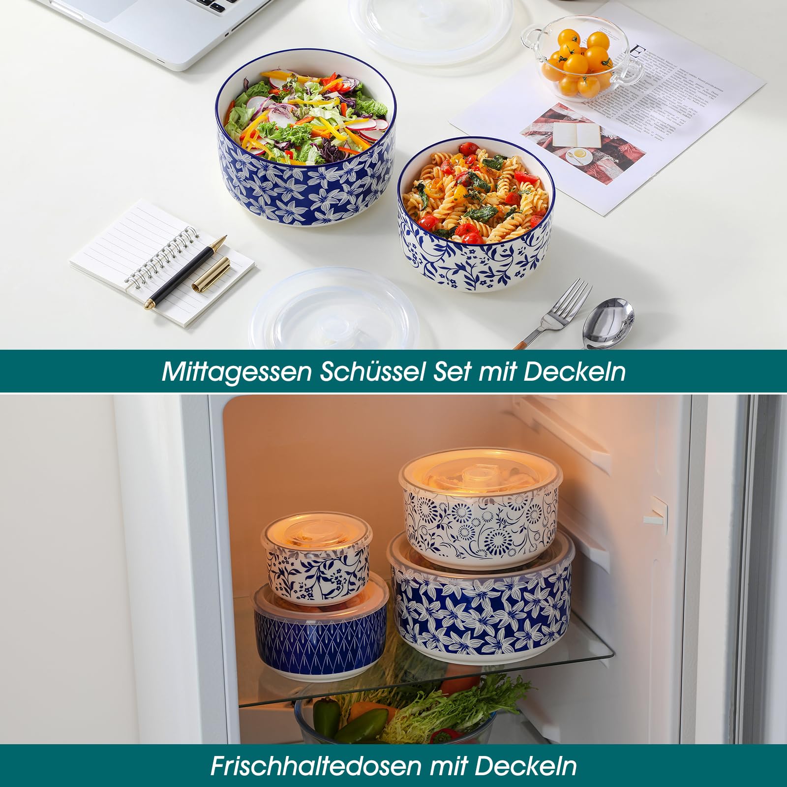 Salatschüssel mit Deckel 4 teilig, vancasso Müslischalen Keramik, Servierschalen Blau-Weiß, Schüssel mit Deckel für Müsli, Salat, Suppe, Ramen