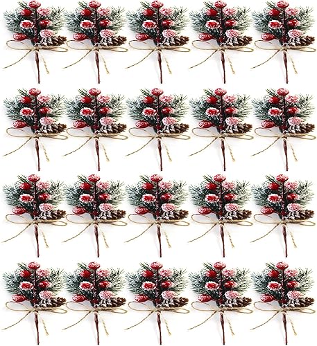 WIVAYE 20 púas de pino artificiales, tallos de bayas blancas con copos de nieve y piña, agujas de pino artificiales, púas de acebo a granel para