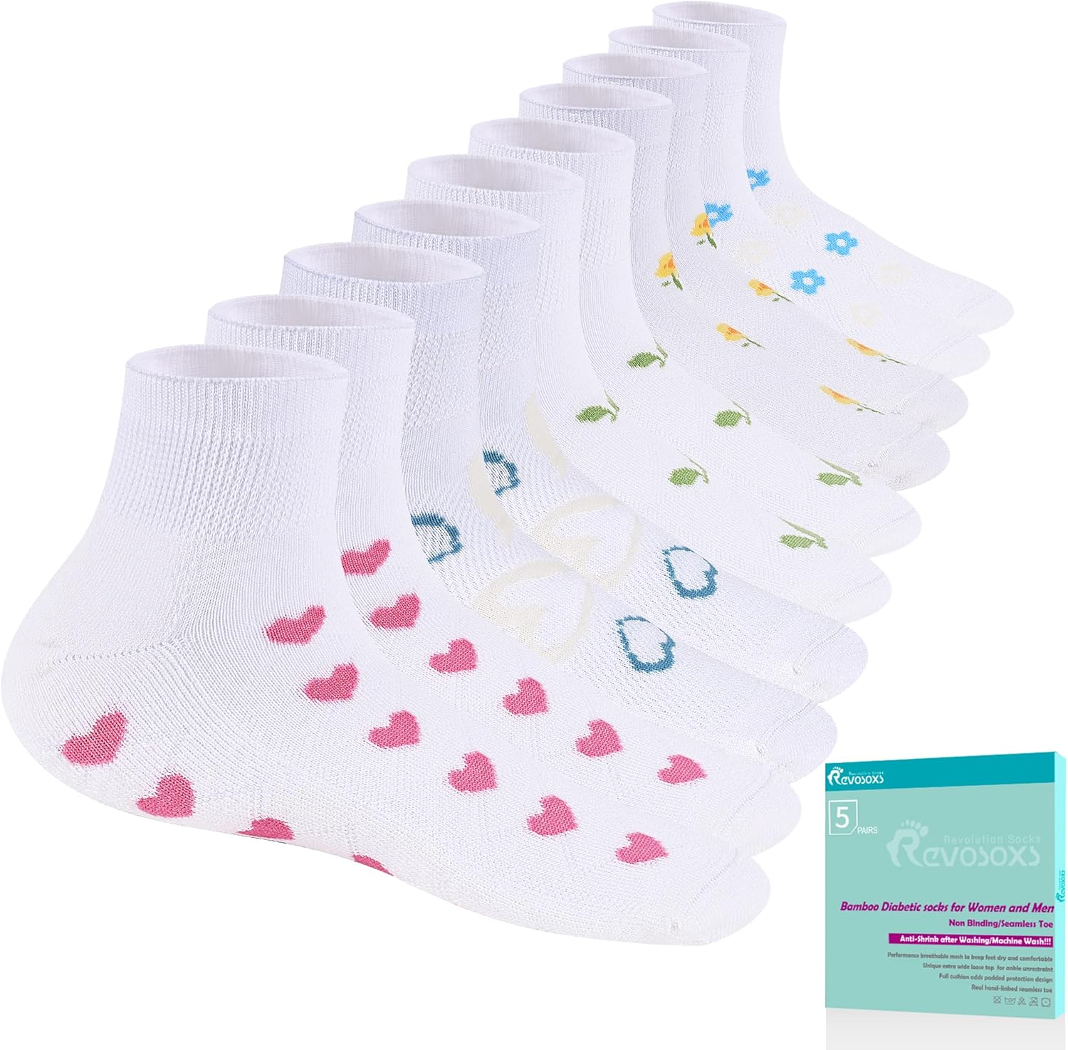 Revosoxs Diabetic Socks for Women Men,5 Pairs Non Binding Diabetic Ankle Wide Stretchy Loose Seamless Socks 7-9 9 11