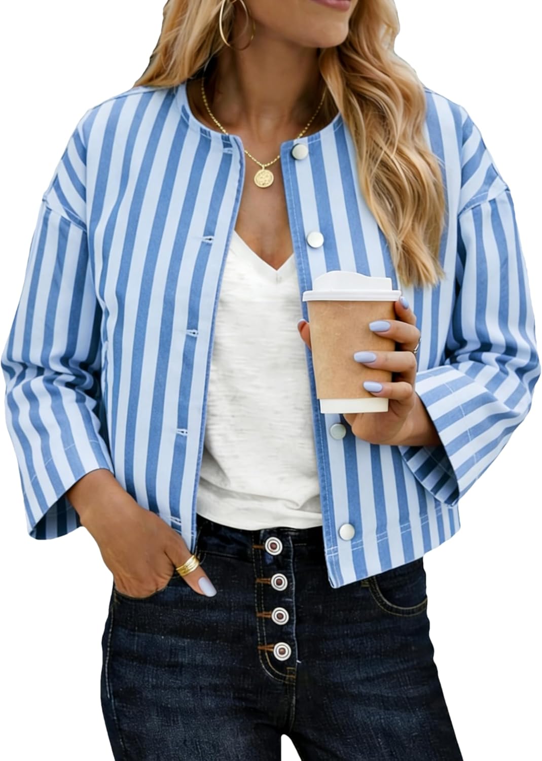 Women's Cropped Striped Jackets Crewneck Button Down Oversized Coats Outerwear with Pockets