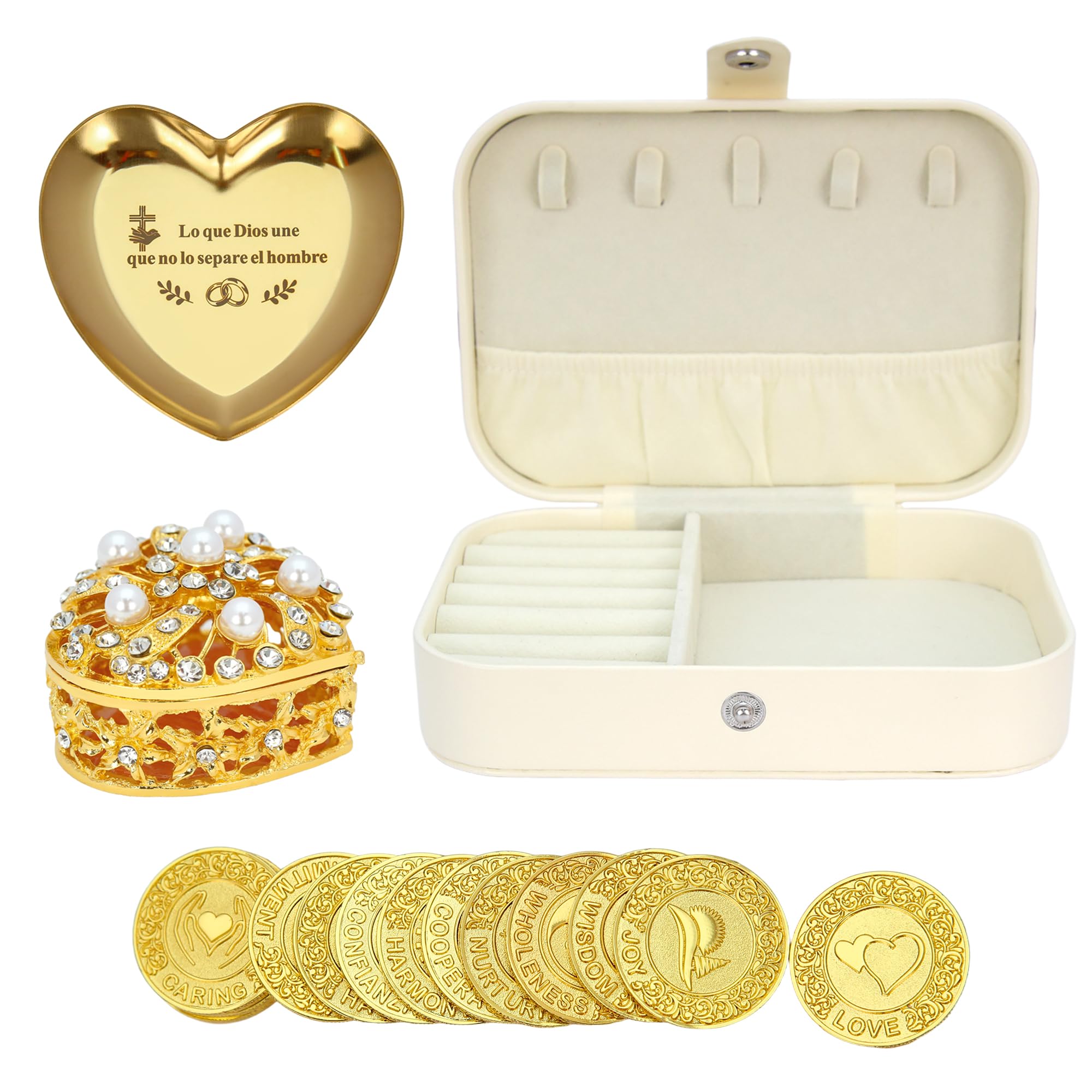 TINGKU Arras de boda en inglés – Arras para Boda Católica, Arras de Boda Cristiana con 13 monedas de bendición, Arras de boda cristiana, Decoración para Bodas, Caja de cuero-Monedas de Oro PLD