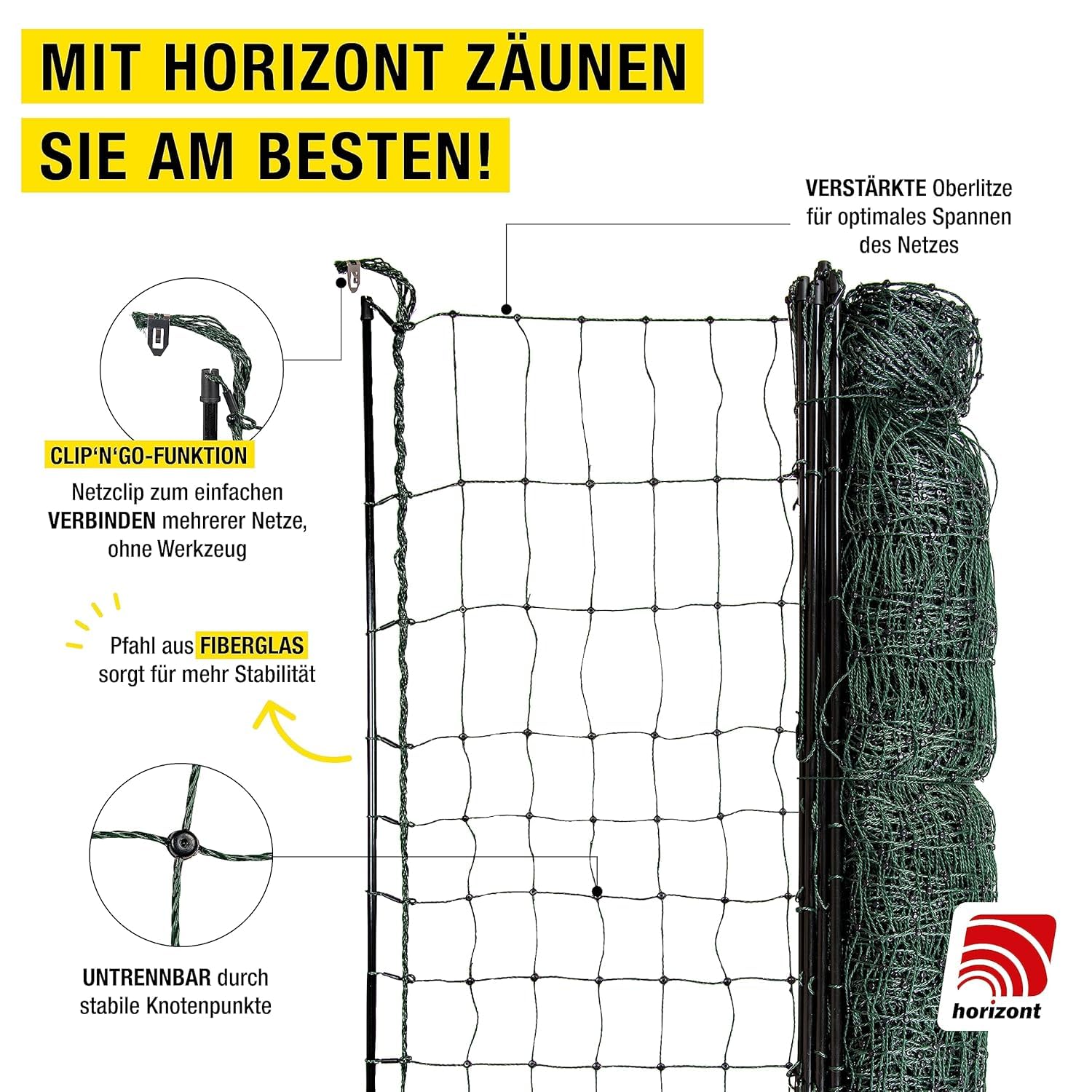 horizont Filet à volaille strongLine 110E, 15 piquets en fibre de verre - double pointe 50 m 110 cm de haut - avec électricité, clôture mobile pour poules