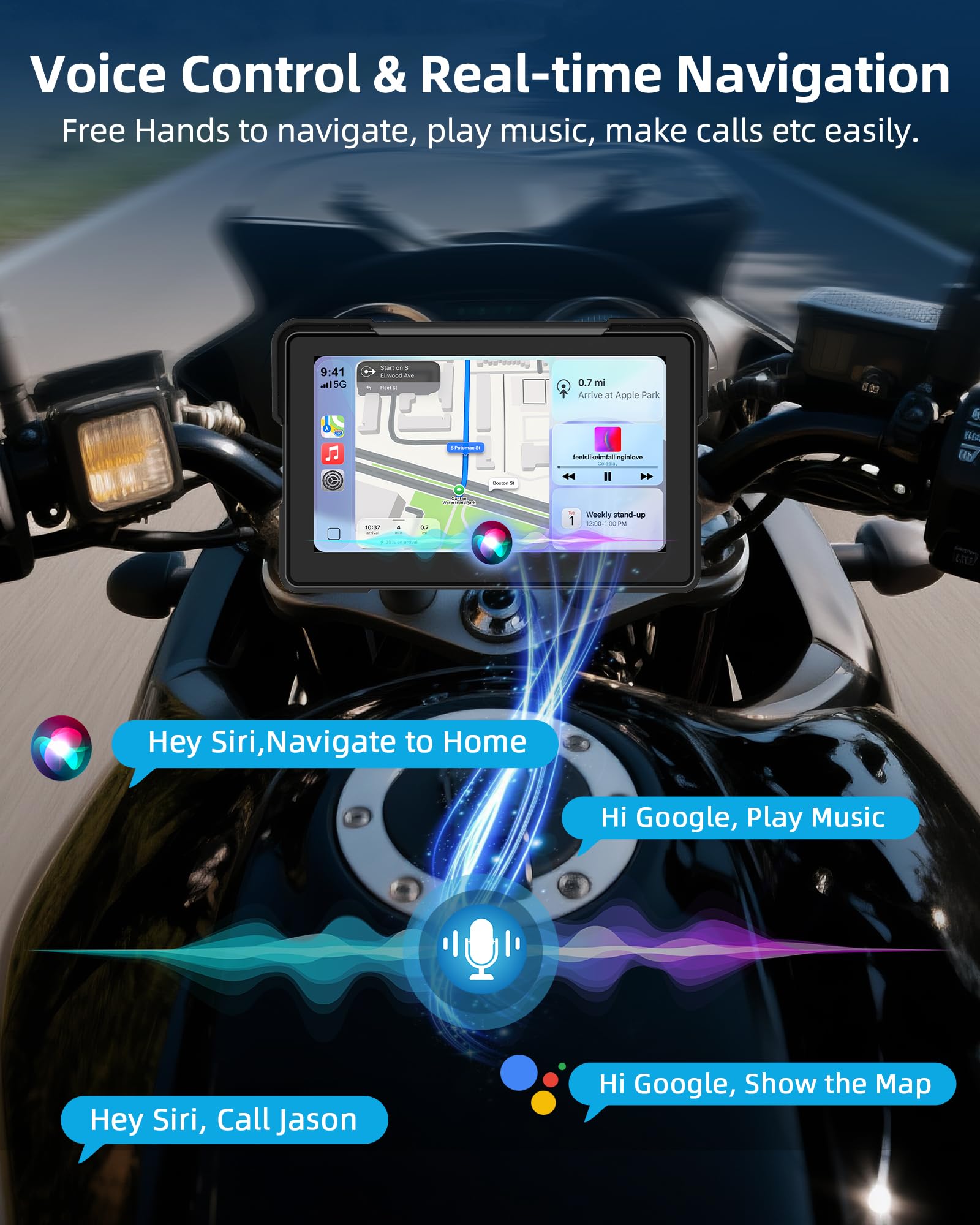CarPlay - Motocicleta de 7 Pulgadas con cámara Dual 2K Dash CAM inalámbrica Carplay Android Auto Pantalla para Moto con navegación GPS para Motocicleta, Control de Voz, Sensor de luz, Bluetooth, TF