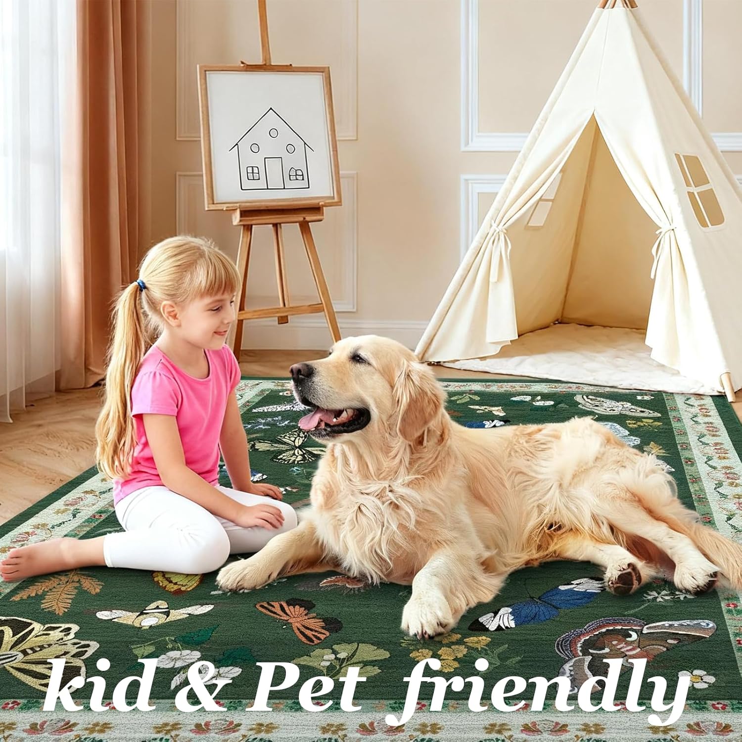 Insect Floral Print 5x7 Area Rug Green, Washable Boho Carpet for Living Room Bedroom, Soft Low Pile Non Slip Rug, Stain Resistant Throw Carpet for Nursery, Dining Room, Kids Room Home Decor - Image 7