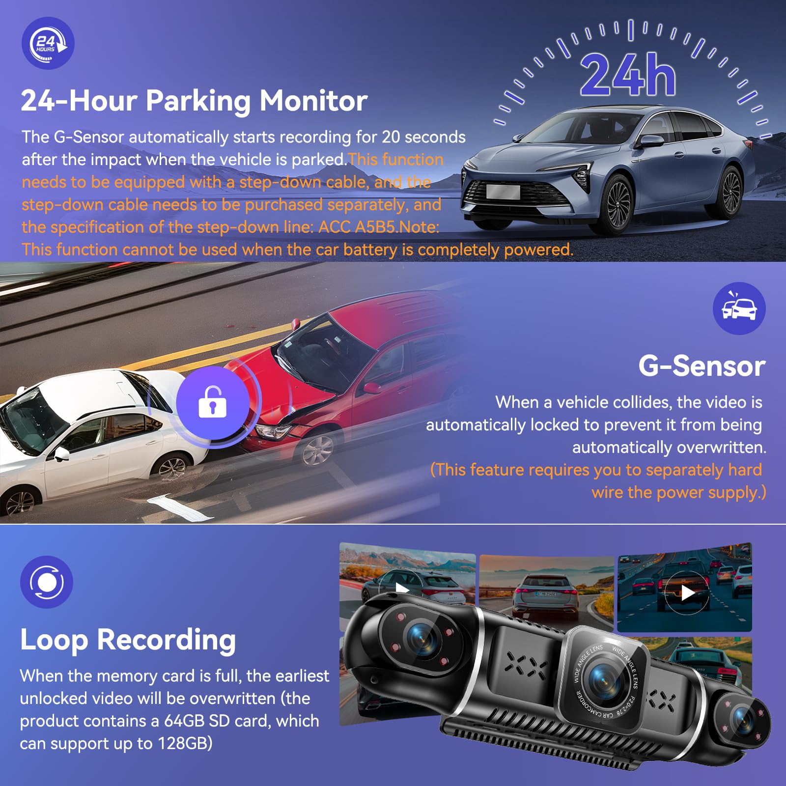 4K Dashcam Auto vorne hinten 4 Kanal mit 3" IPS-Bildschirm, 64-GB-Karte, Parküberwachung, WDR-Nachtsicht, G-Sensor, Loop-Aufnahme
