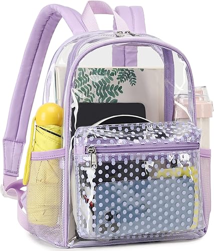 Miniatura 7 de Mini mochila transparente ligera transparente bolsa pequeña transparente para escuela trabajo deportes estadio de seguridad Morado - Lunares