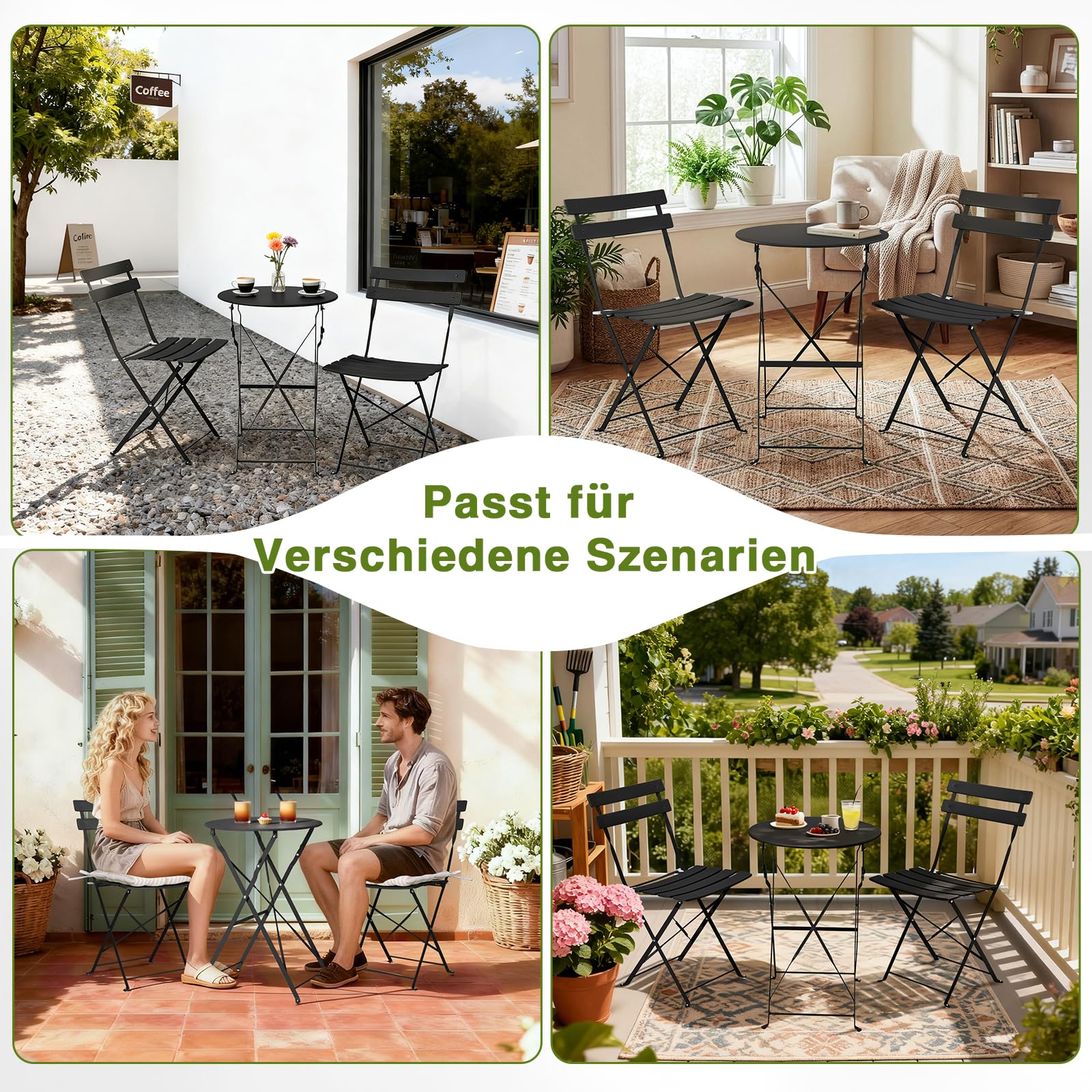LEADZM Gartenmöbel Bistro Set Metall, Bistroset 3 teilig Klappbar - Bistrotisch mit 2 Klappstühlen, Balkonmöbel Klappbar für Balkon und Garten, Schwarz