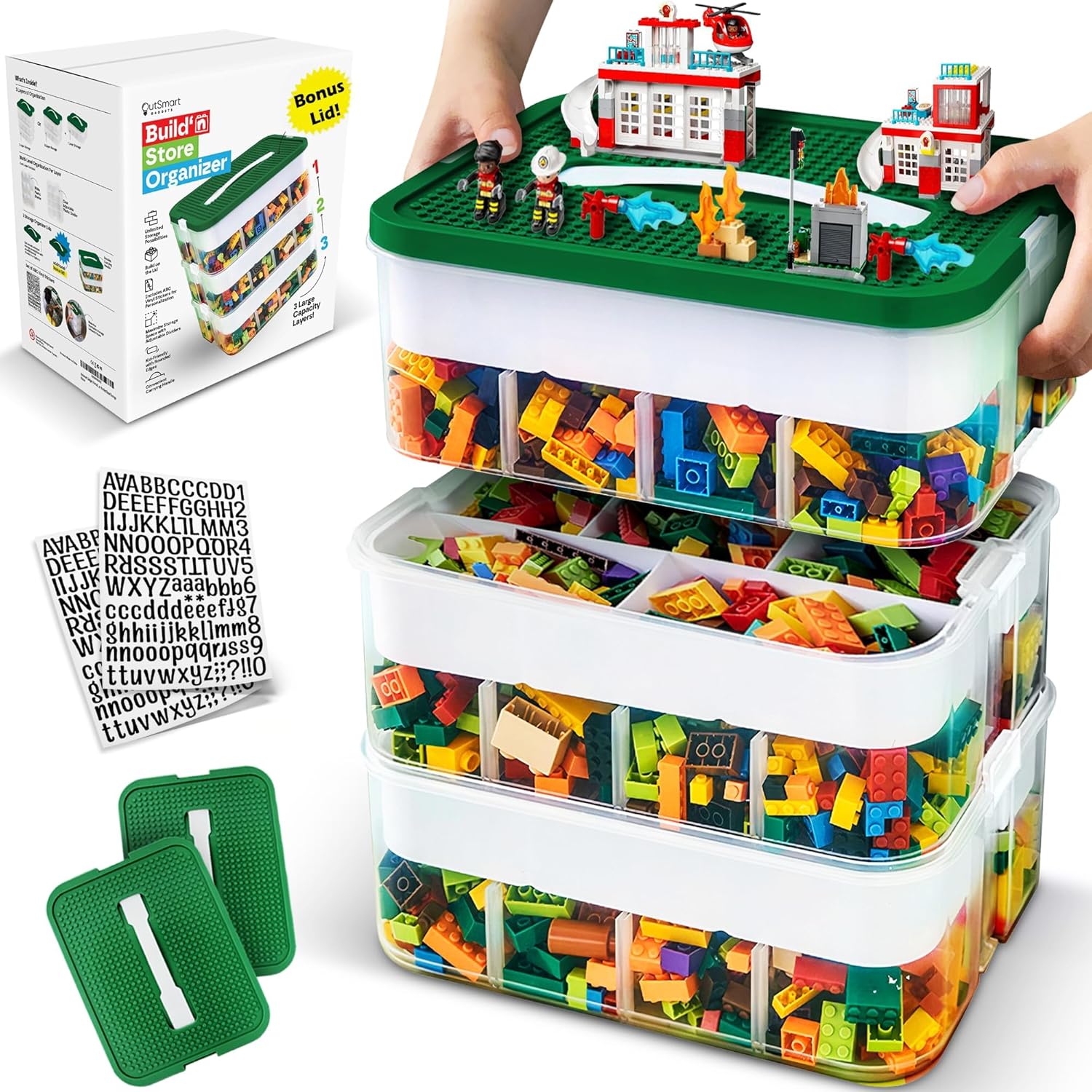 Stackable Toy Storage Organizer Bin for Lego, Building Bricks, Dolls, and Crafts Organization, Build on the Lid, 3 Layer Adjustable Compartments, Includes ABC Stickers and 2 Box Lids
