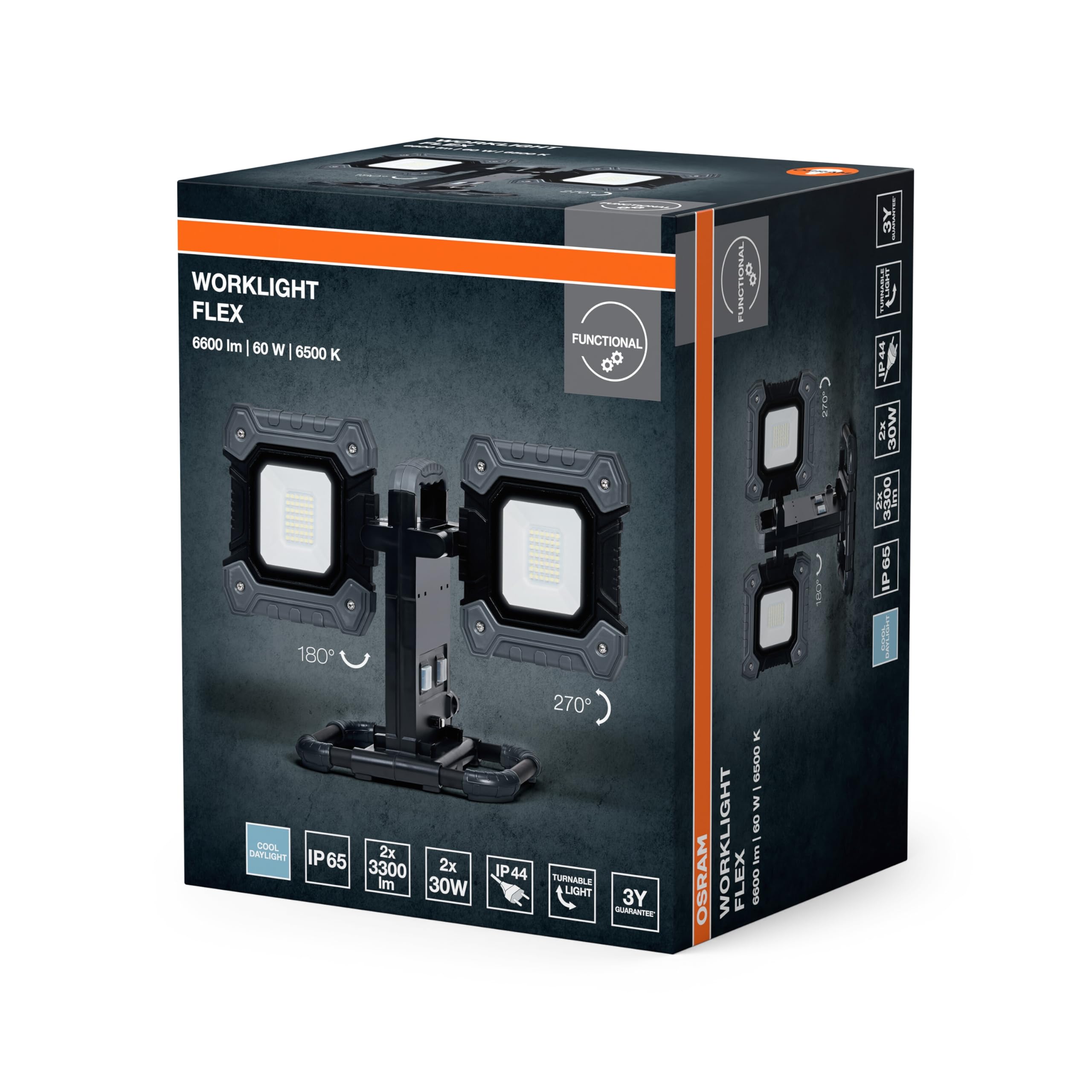 OSRAM Lampa robocza VAL FLEX LED, ciemnoszary/czarny, 2X30W, 6450lm, barwa światła zimna biała, z głowicami lamp, które można obracać o 270° w pionie i 180° w poziomie, z kablem, stopień ochrony IP54,